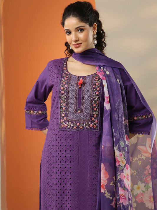 Purple Embroidered Cotton Straight Suit Set With Dupatta