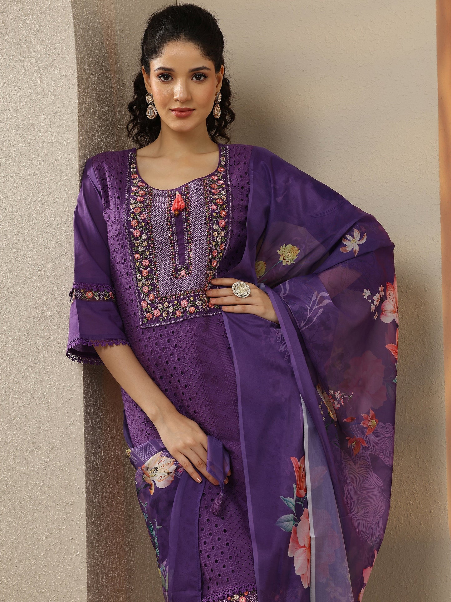 Purple Embroidered Cotton Straight Suit Set With Dupatta