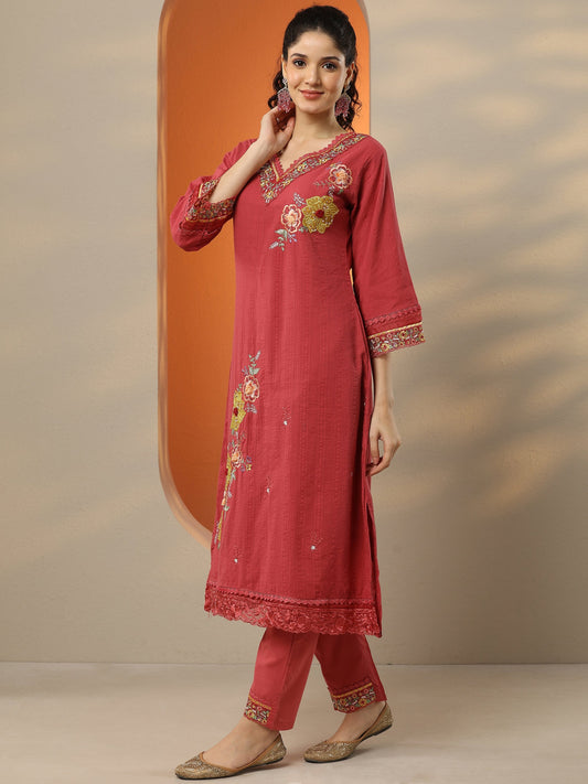 Pink Embroidered Cotton Straight Suit Set With Dupatta