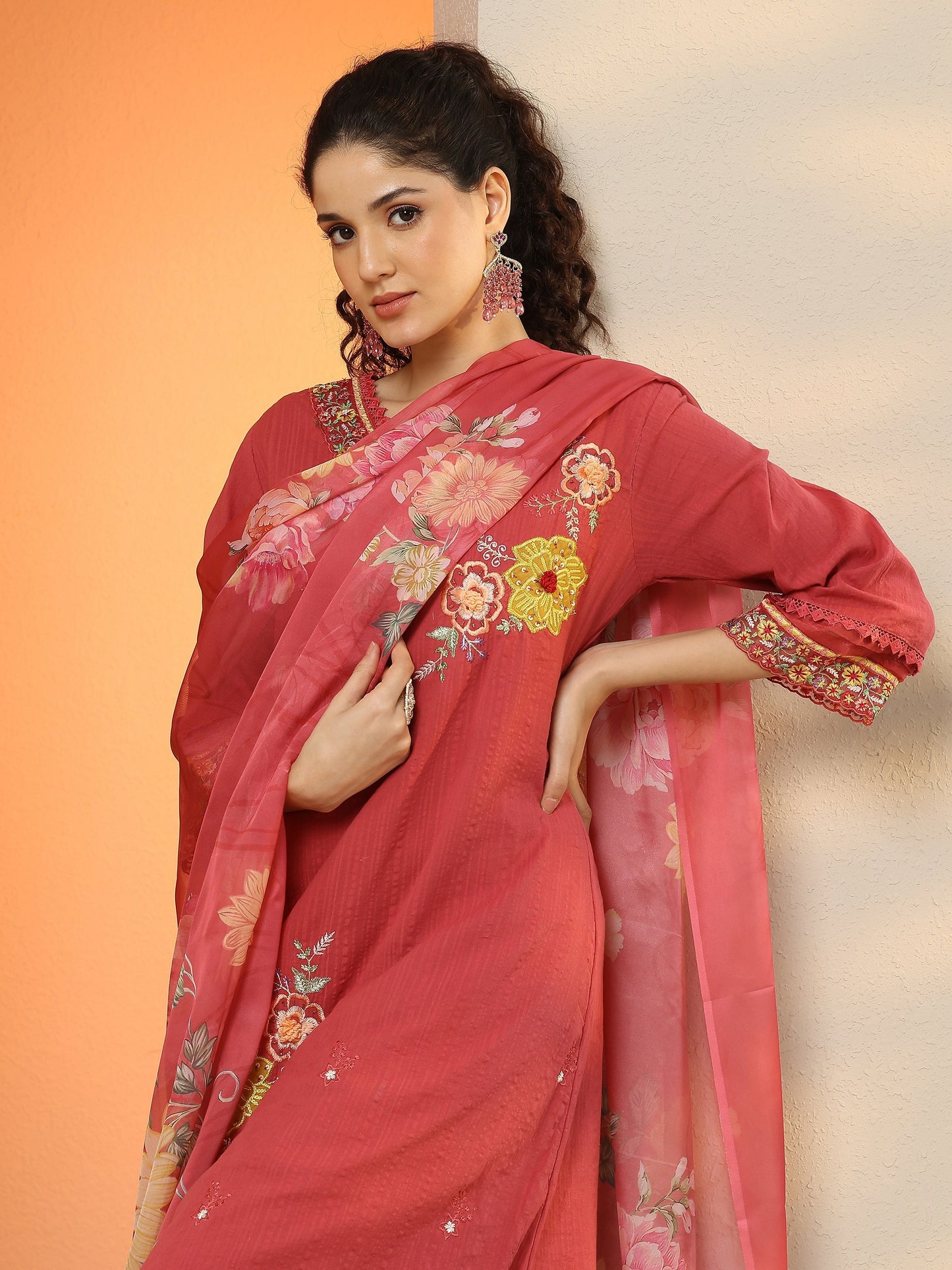Pink Embroidered Cotton Straight Suit Set With Dupatta