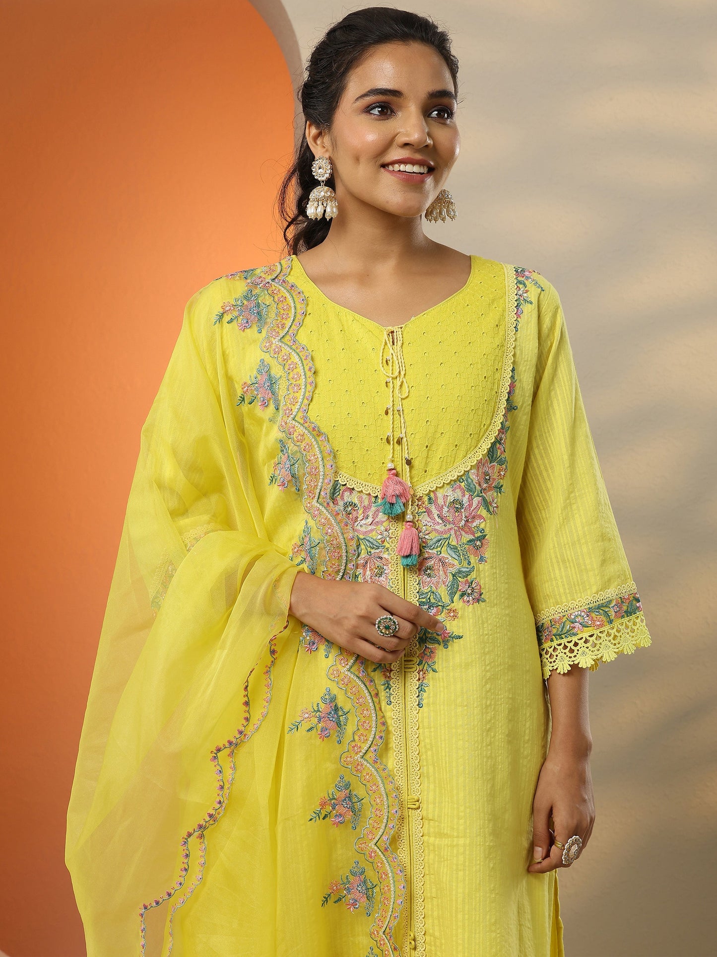Yellow Embroidered Cotton Straight Suit Set With Dupatta