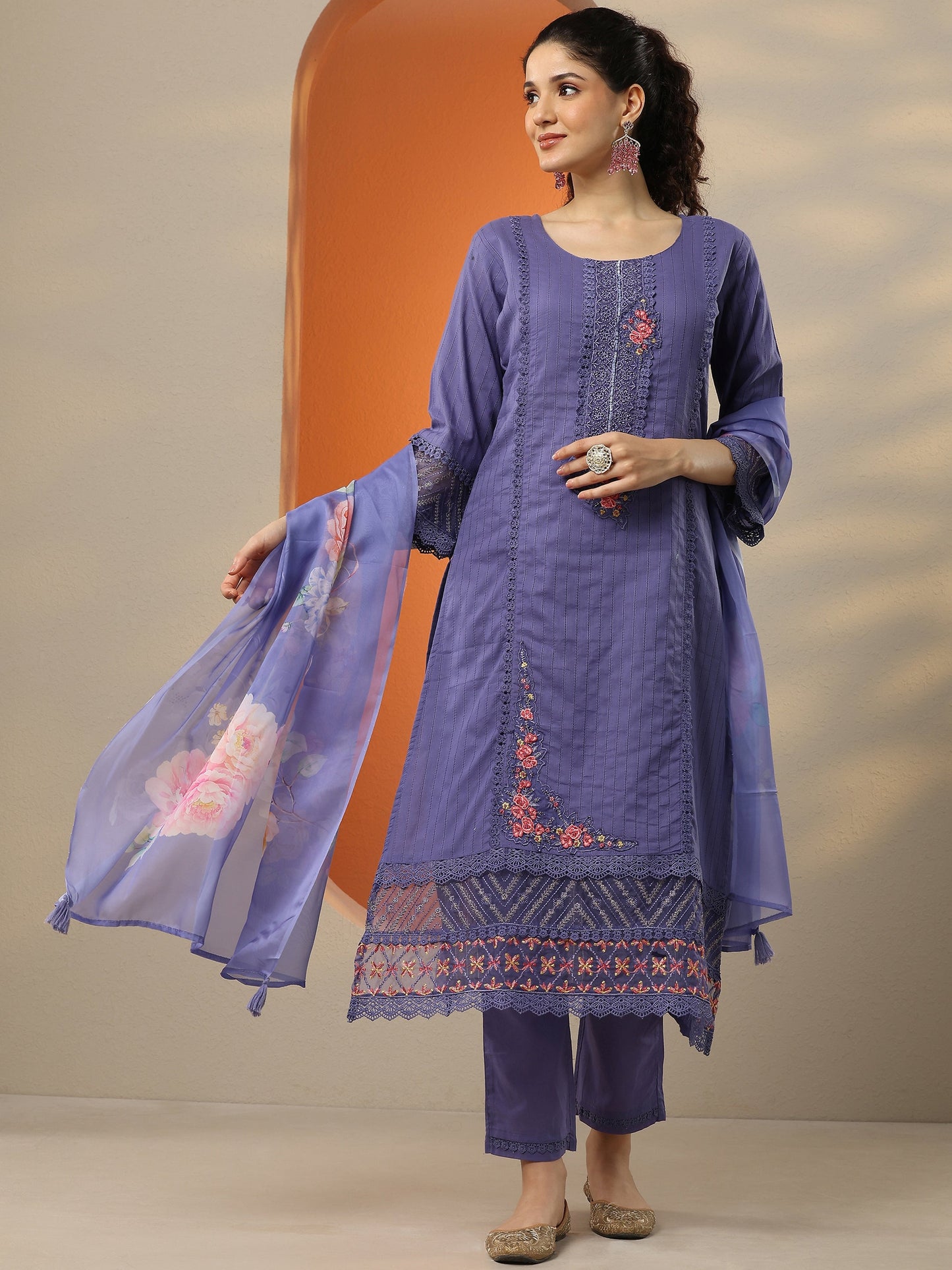 Purple Embroidered Cotton Straight Suit Set With Dupatta