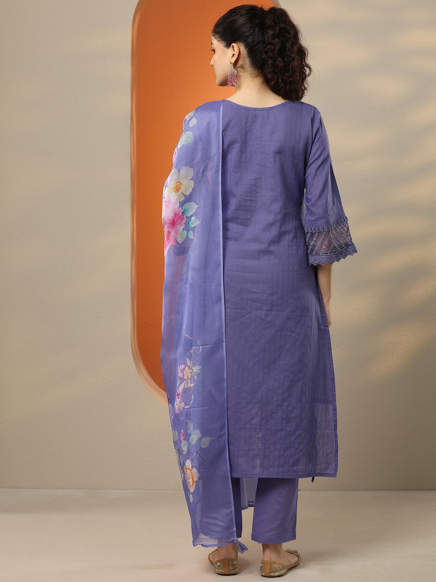 Purple Embroidered Cotton Straight Suit Set With Dupatta