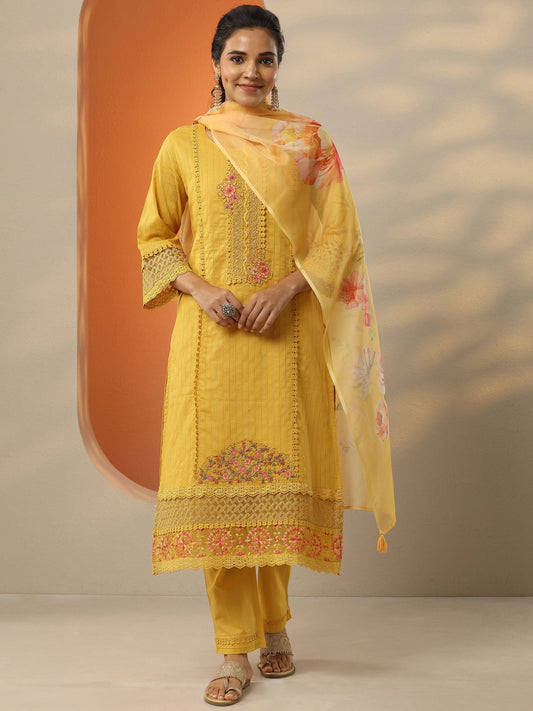 Mustard Embroidered Cotton Straight Suit Set With Dupatta