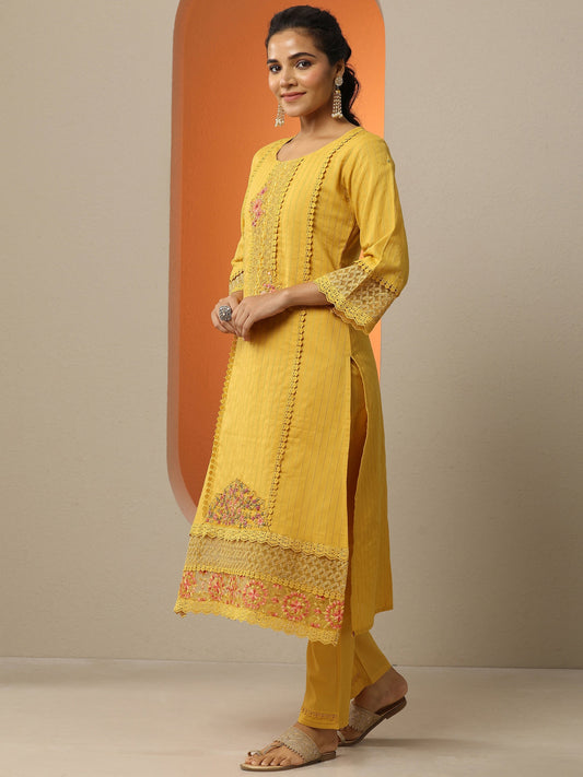 Mustard Embroidered Cotton Straight Suit Set With Dupatta