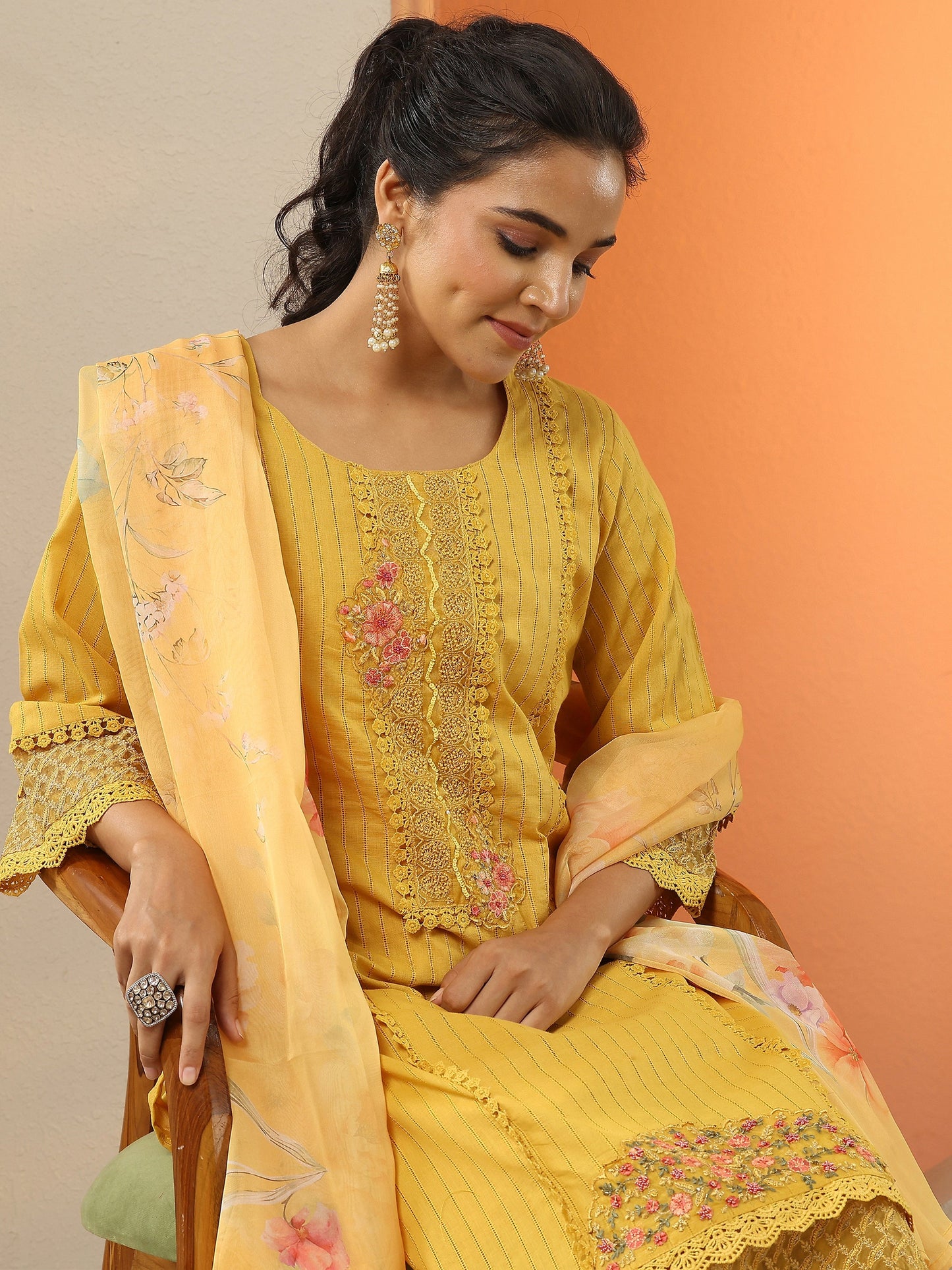 Mustard Embroidered Cotton Straight Suit Set With Dupatta