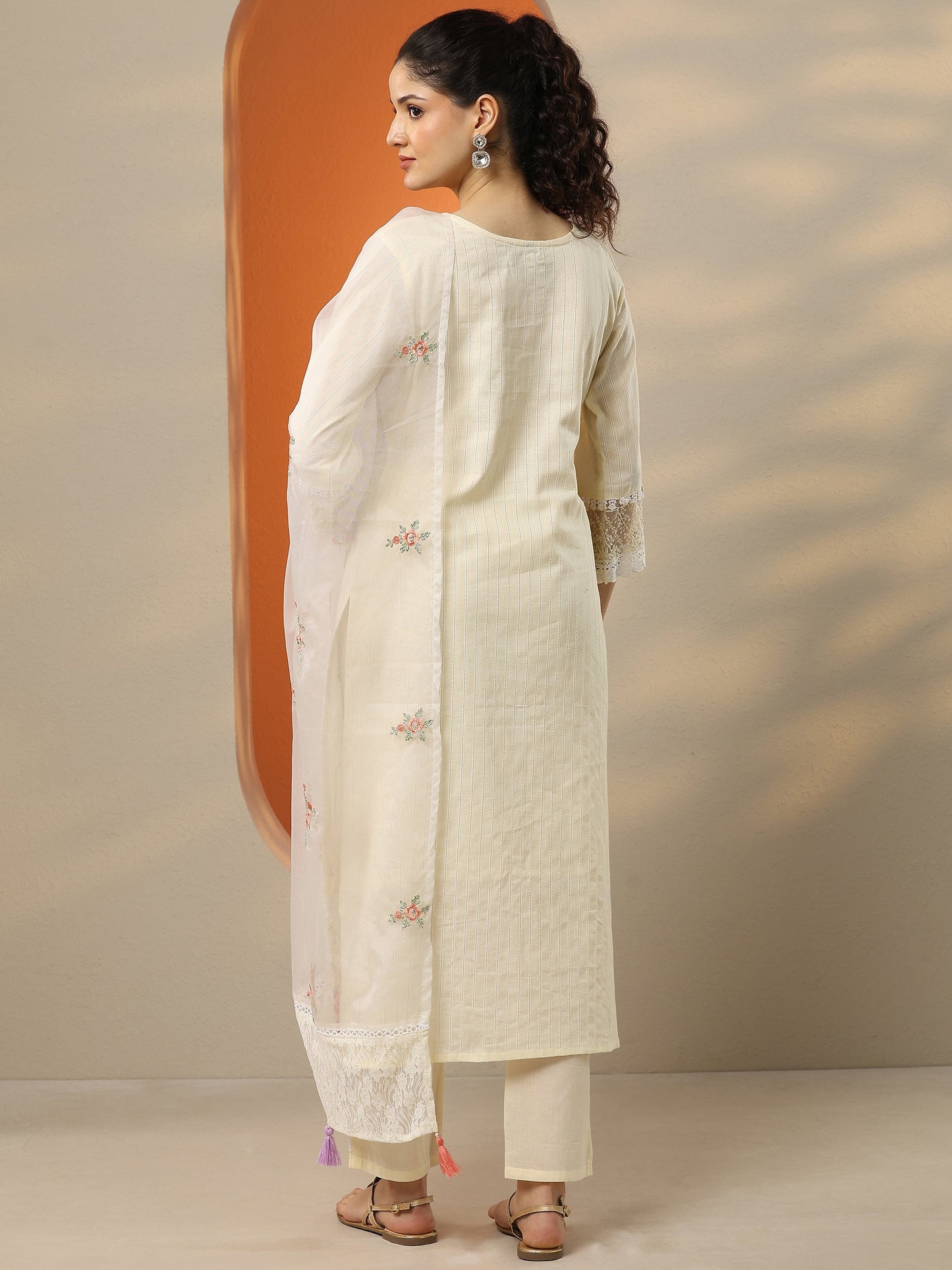Off White Embroidered Cotton Straight Suit Set With Dupatta