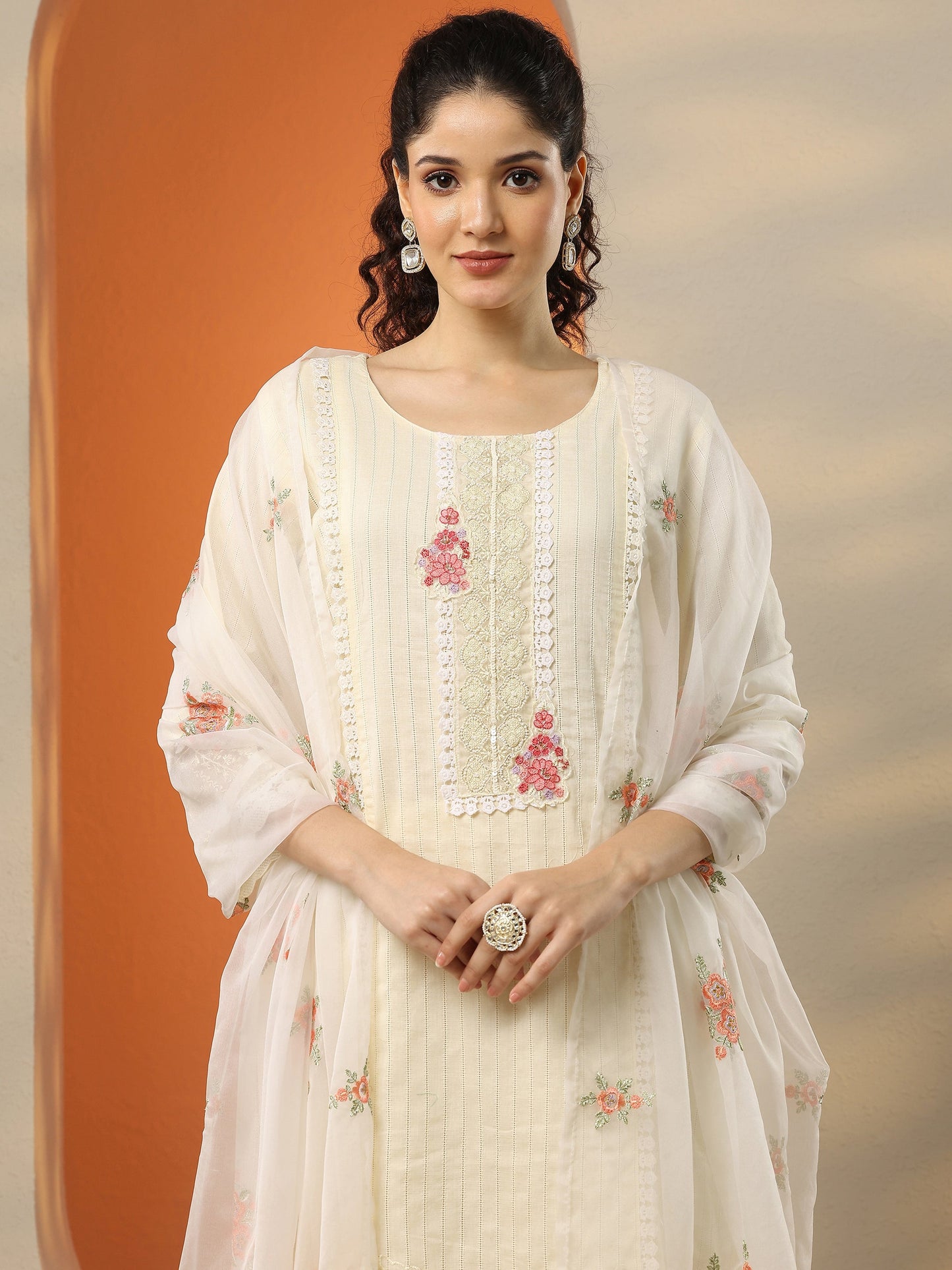 Off White Embroidered Cotton Straight Suit Set With Dupatta