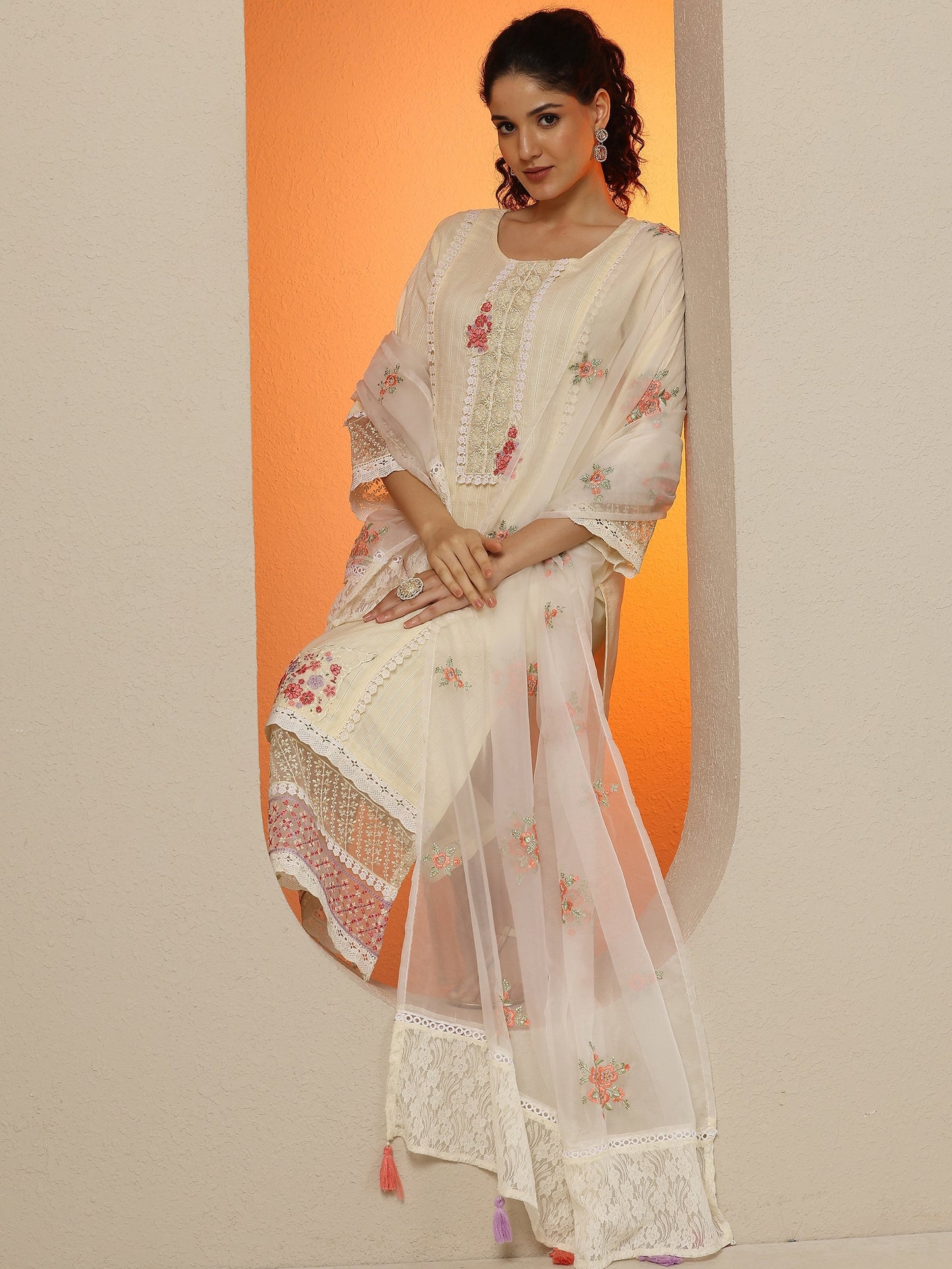 Off White Embroidered Cotton Straight Suit Set With Dupatta