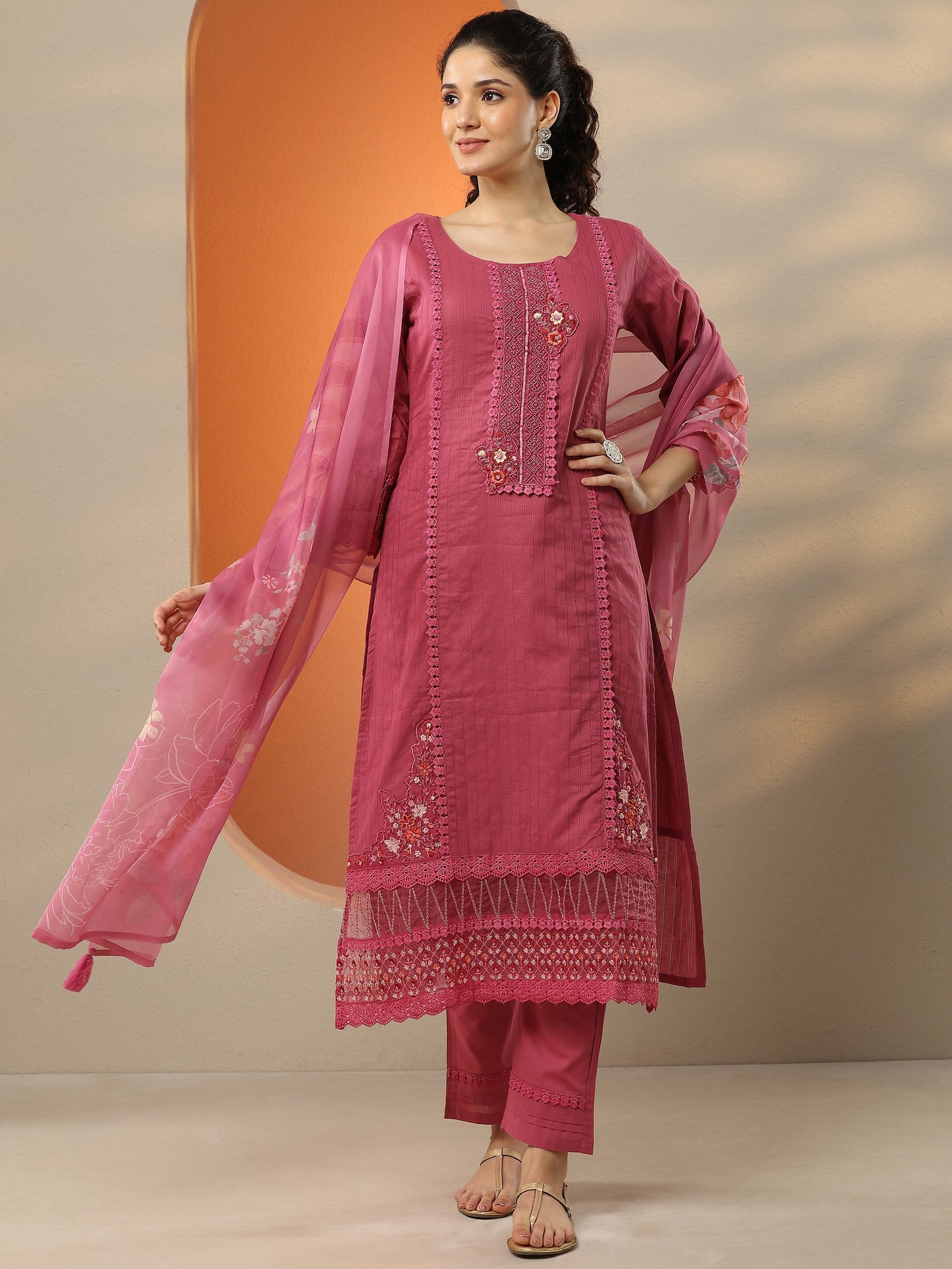 Pink Embroidered Cotton Straight Suit Set With Dupatta