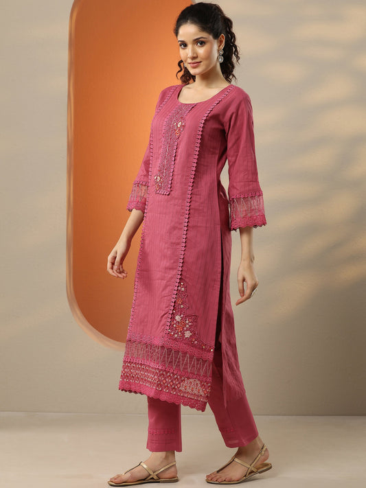 Pink Embroidered Cotton Straight Suit Set With Dupatta