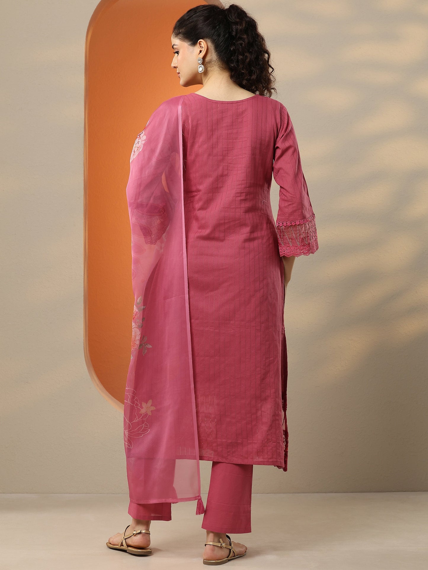 Pink Embroidered Cotton Straight Suit Set With Dupatta