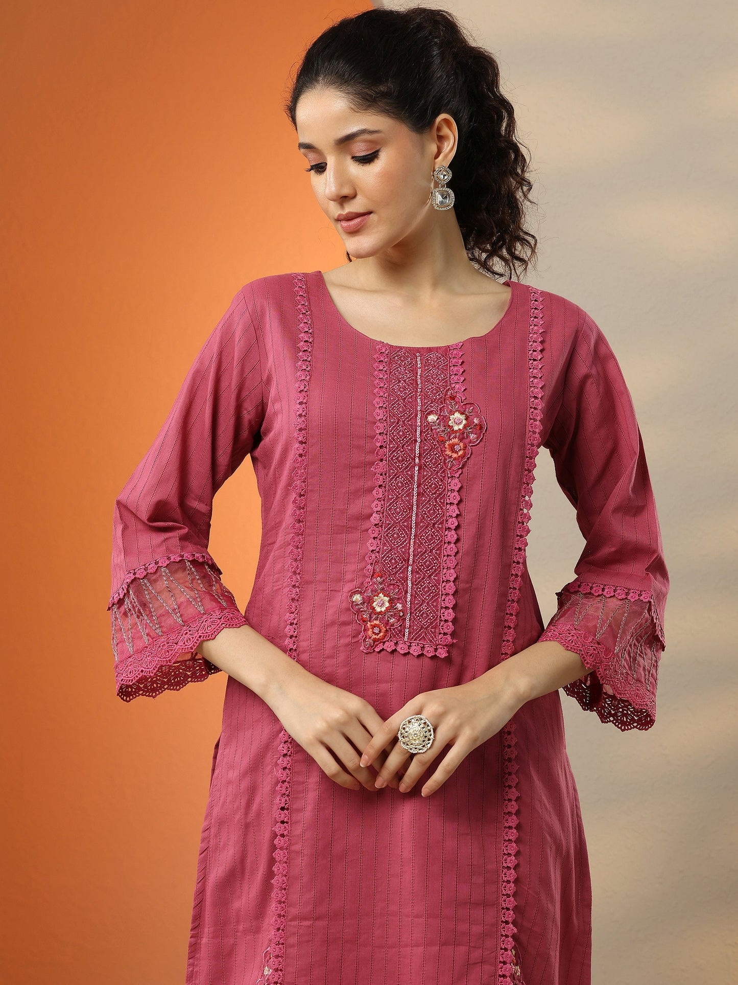 Pink Embroidered Cotton Straight Suit Set With Dupatta