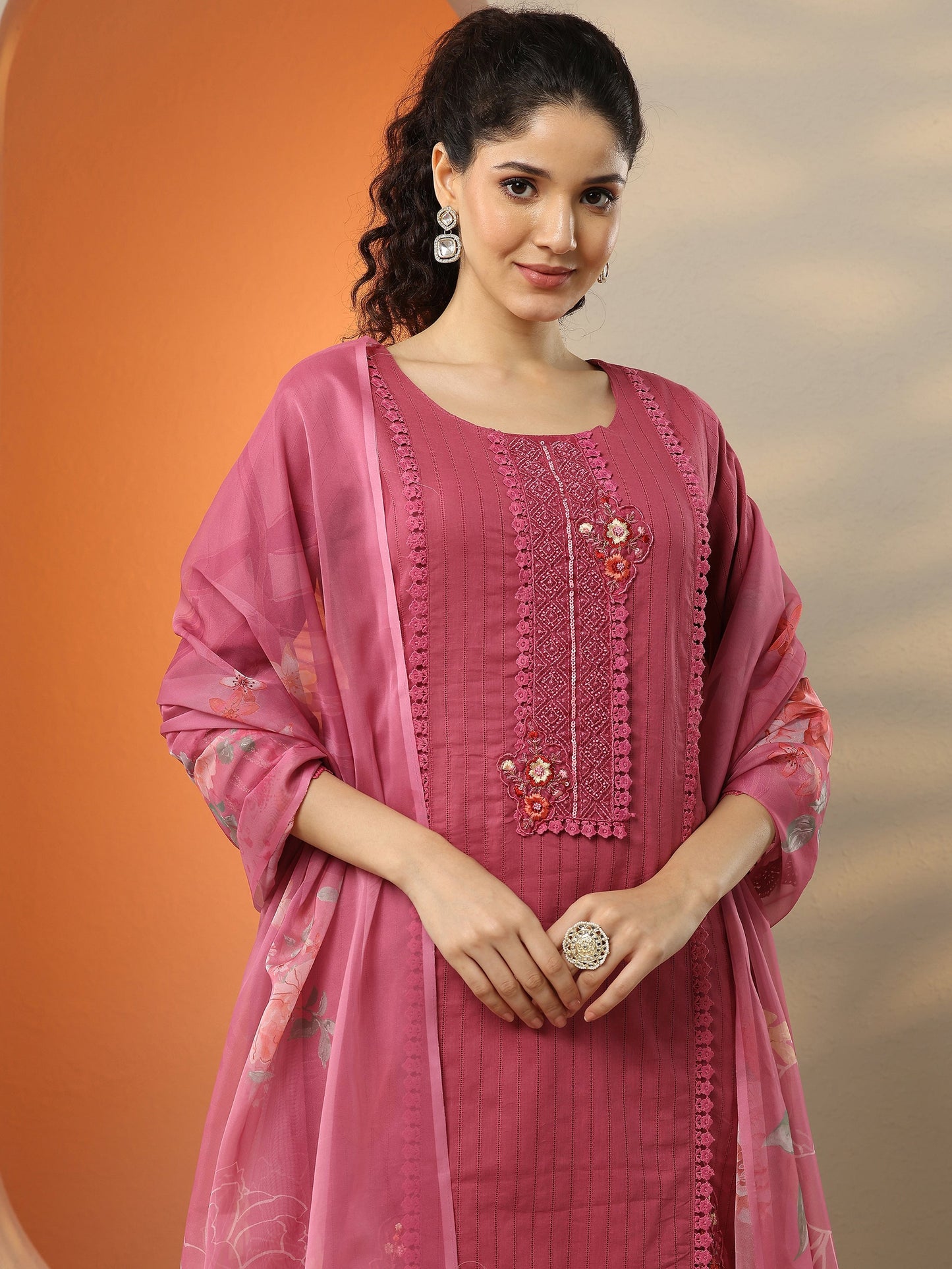 Pink Embroidered Cotton Straight Suit Set With Dupatta