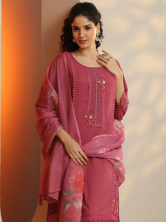 Pink Embroidered Cotton Straight Suit Set With Dupatta