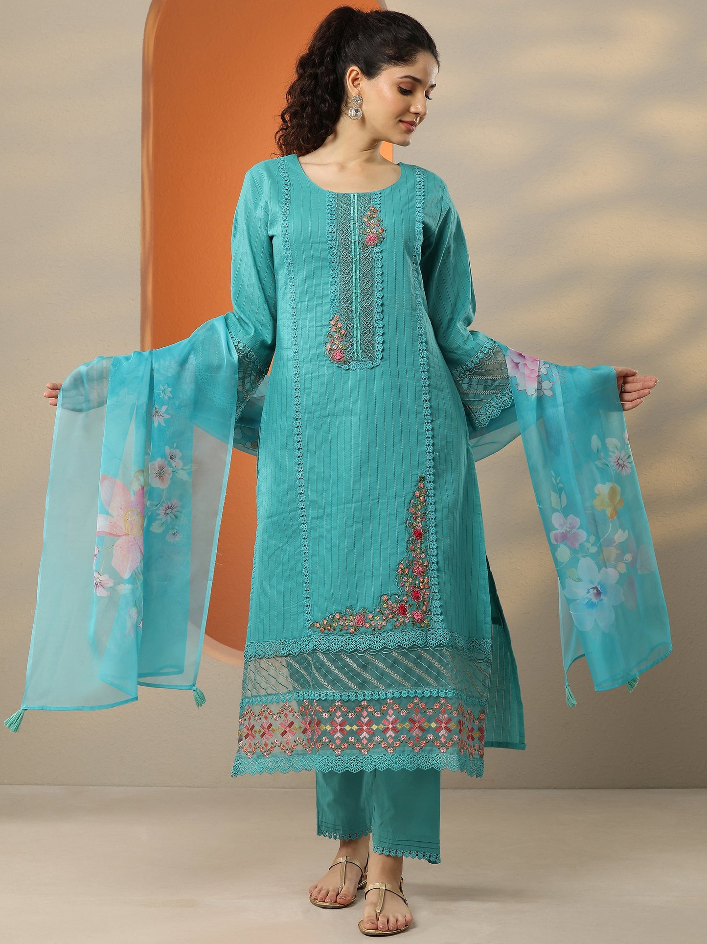 Blue Embroidered Cotton Straight Suit Set With Dupatta