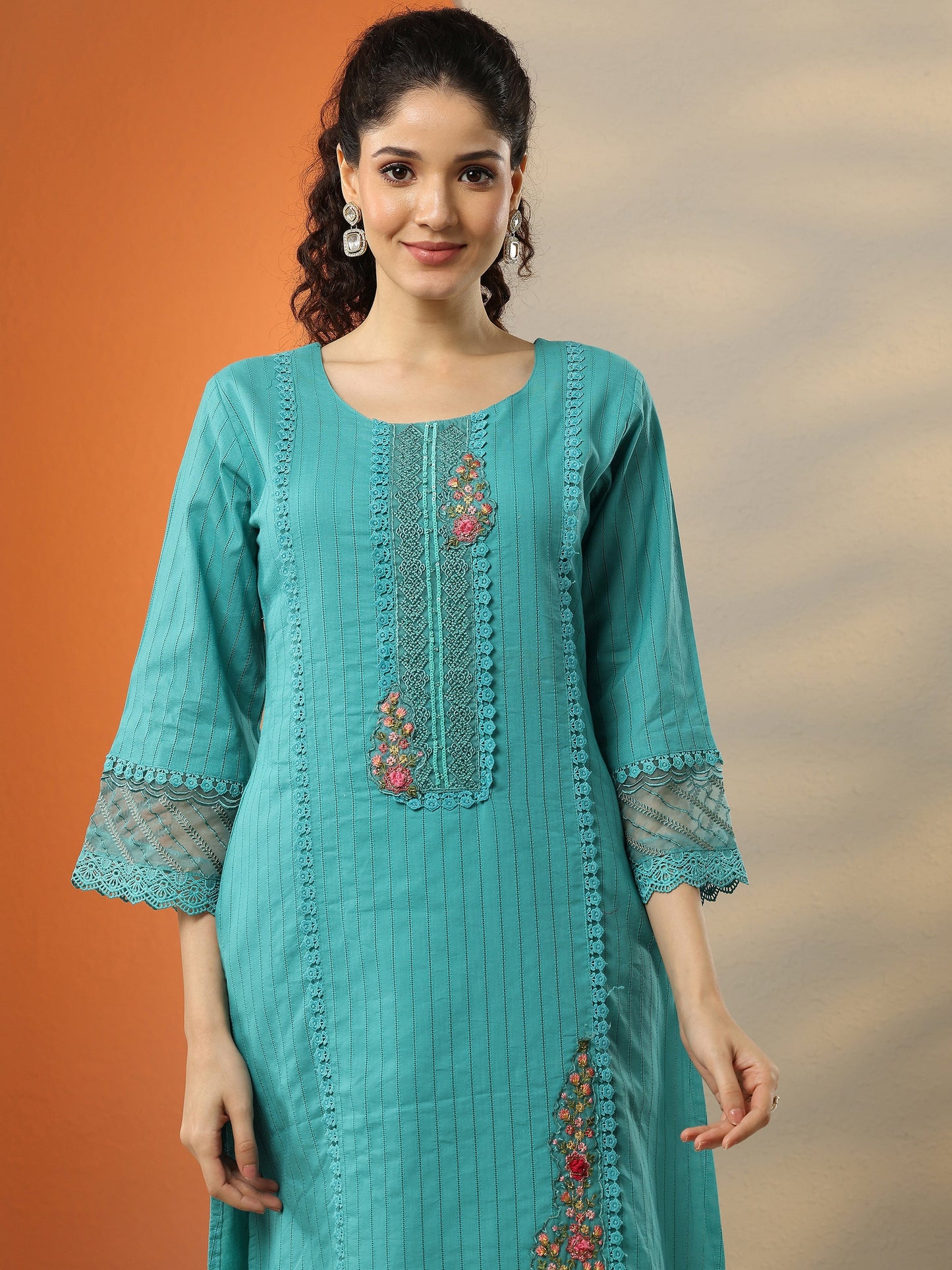 Blue Embroidered Cotton Straight Suit Set With Dupatta