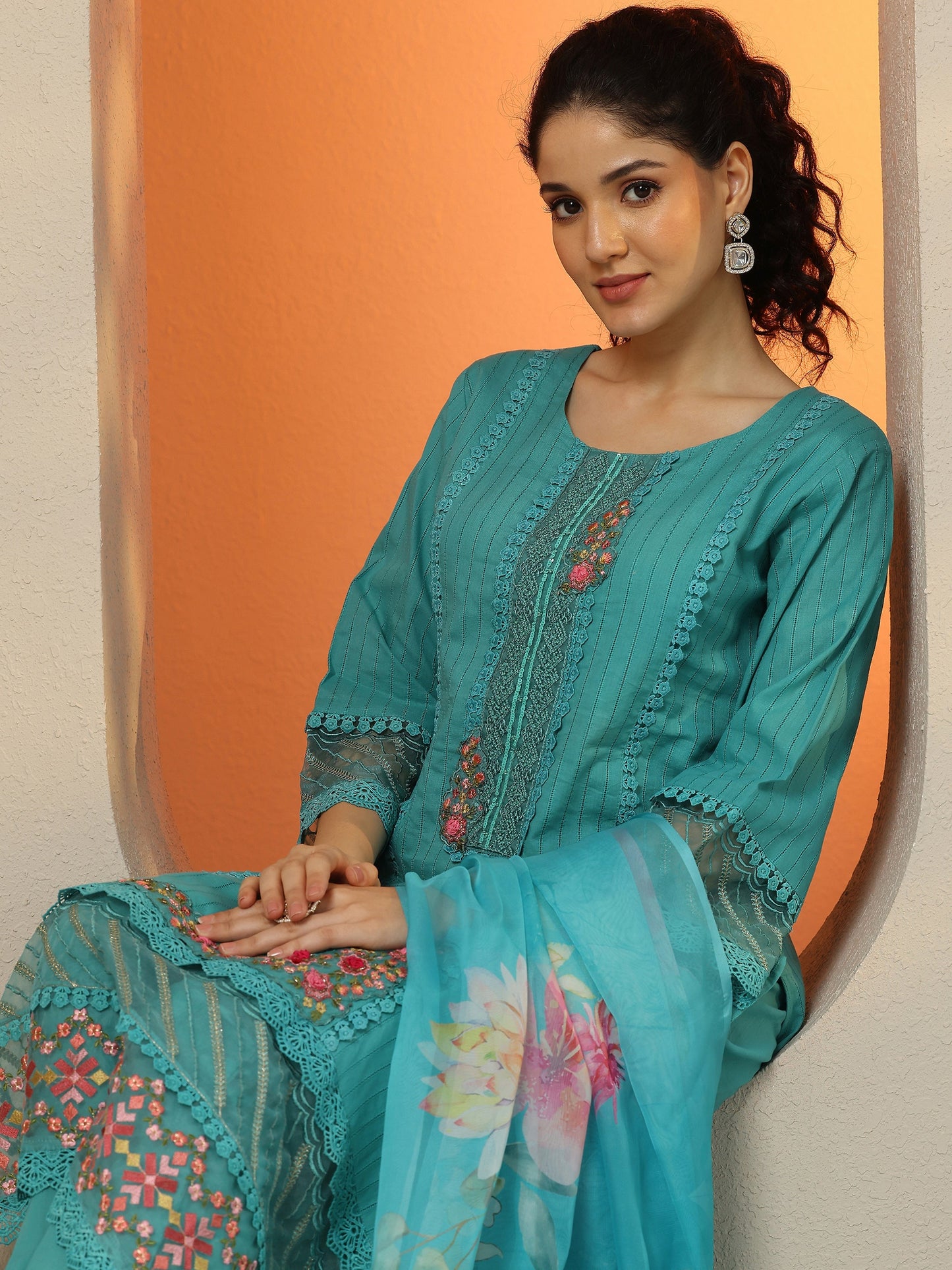 Blue Embroidered Cotton Straight Suit Set With Dupatta