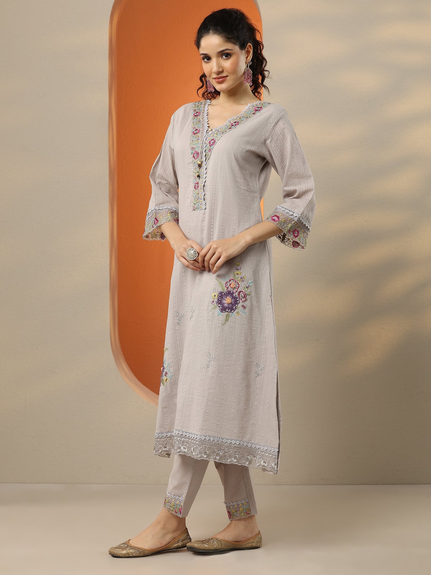 Grey Embroidered Cotton Straight Suit Set With Dupatta