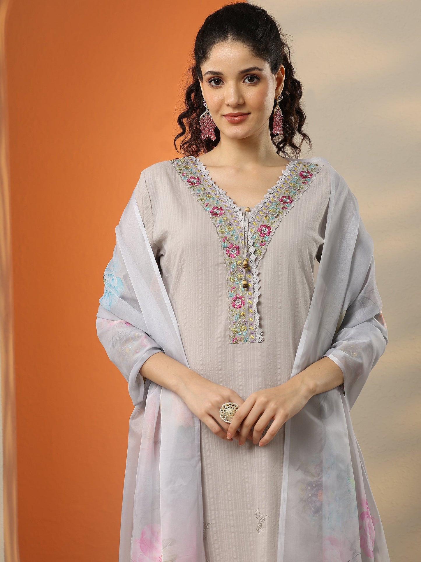 Grey Embroidered Cotton Straight Suit Set With Dupatta