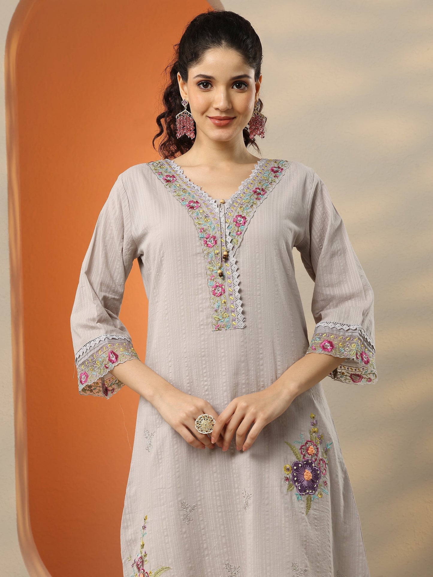 Grey Embroidered Cotton Straight Suit Set With Dupatta