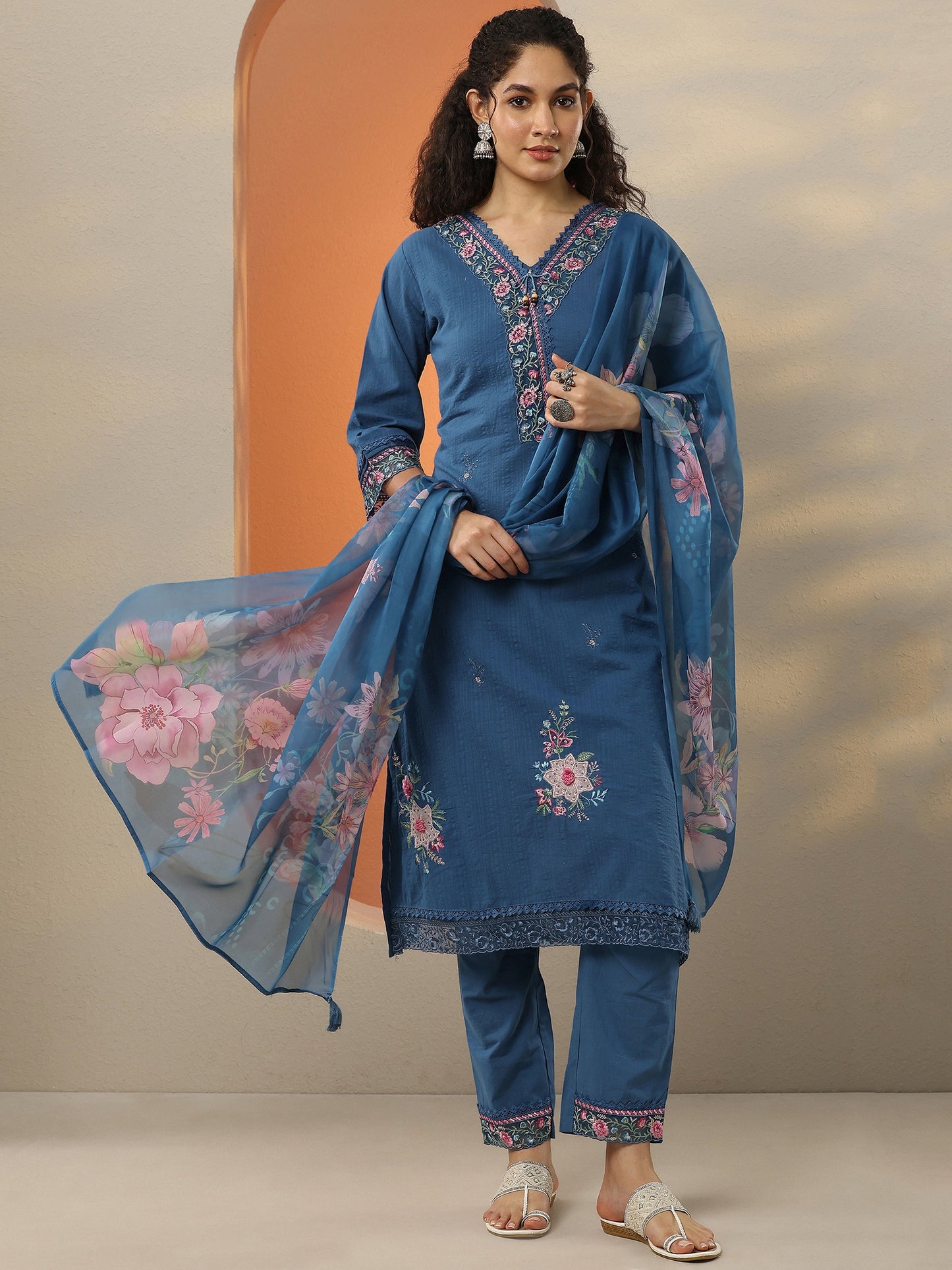 Blue Embroidered Cotton Blend  A-Line Suit Set With Dupatta