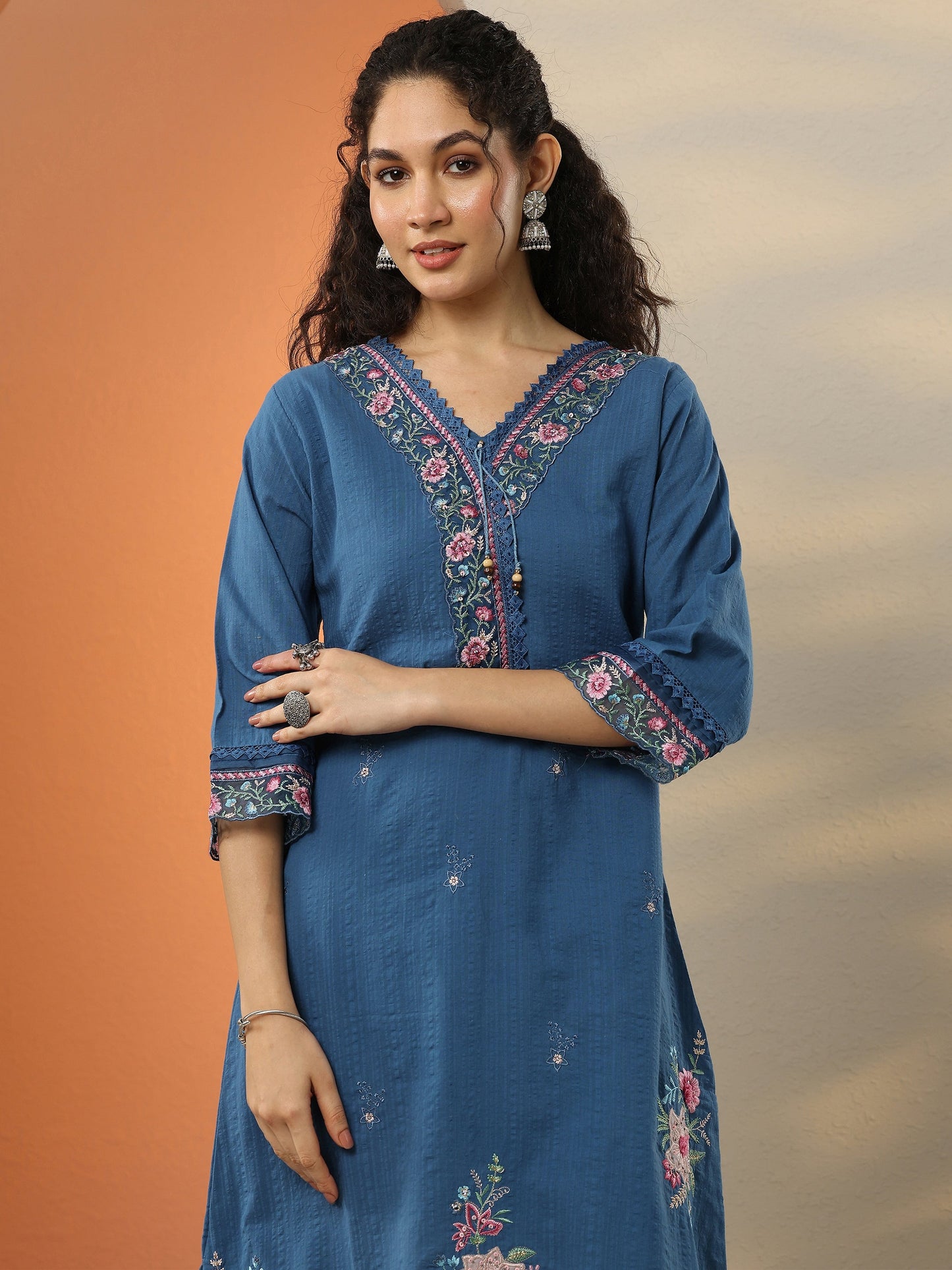 Blue Embroidered Cotton Blend  A-Line Suit Set With Dupatta