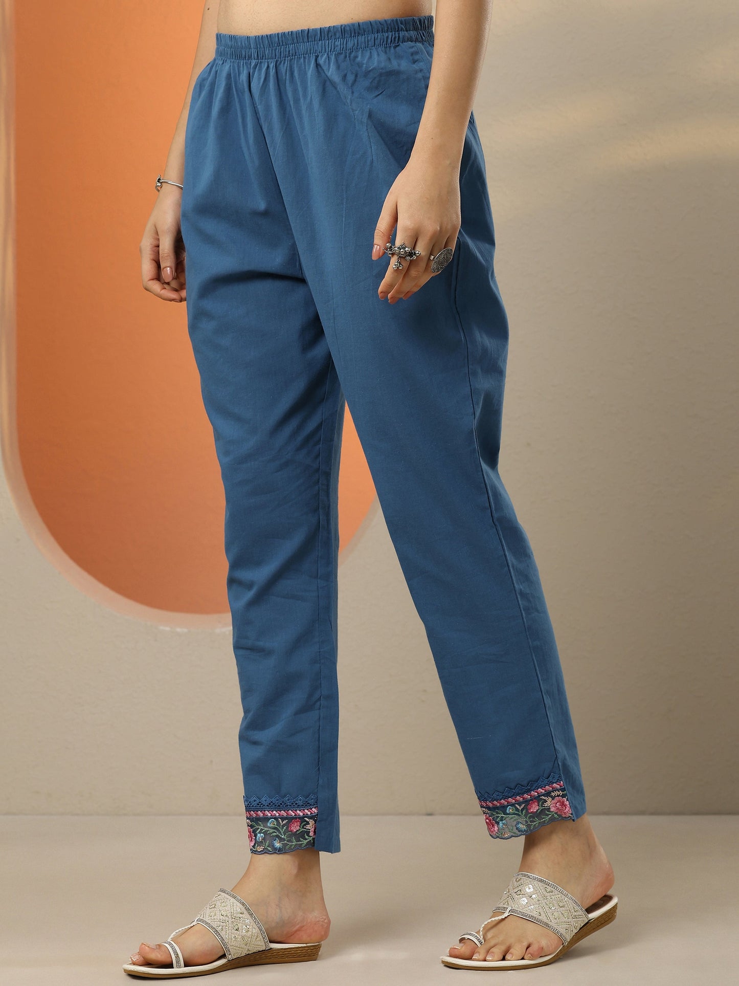 Blue Embroidered Cotton Blend  A-Line Suit Set With Dupatta