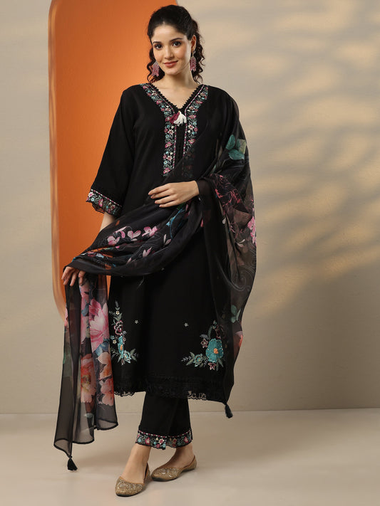 Black Embroidered Cotton Straight Suit Set With Dupatta