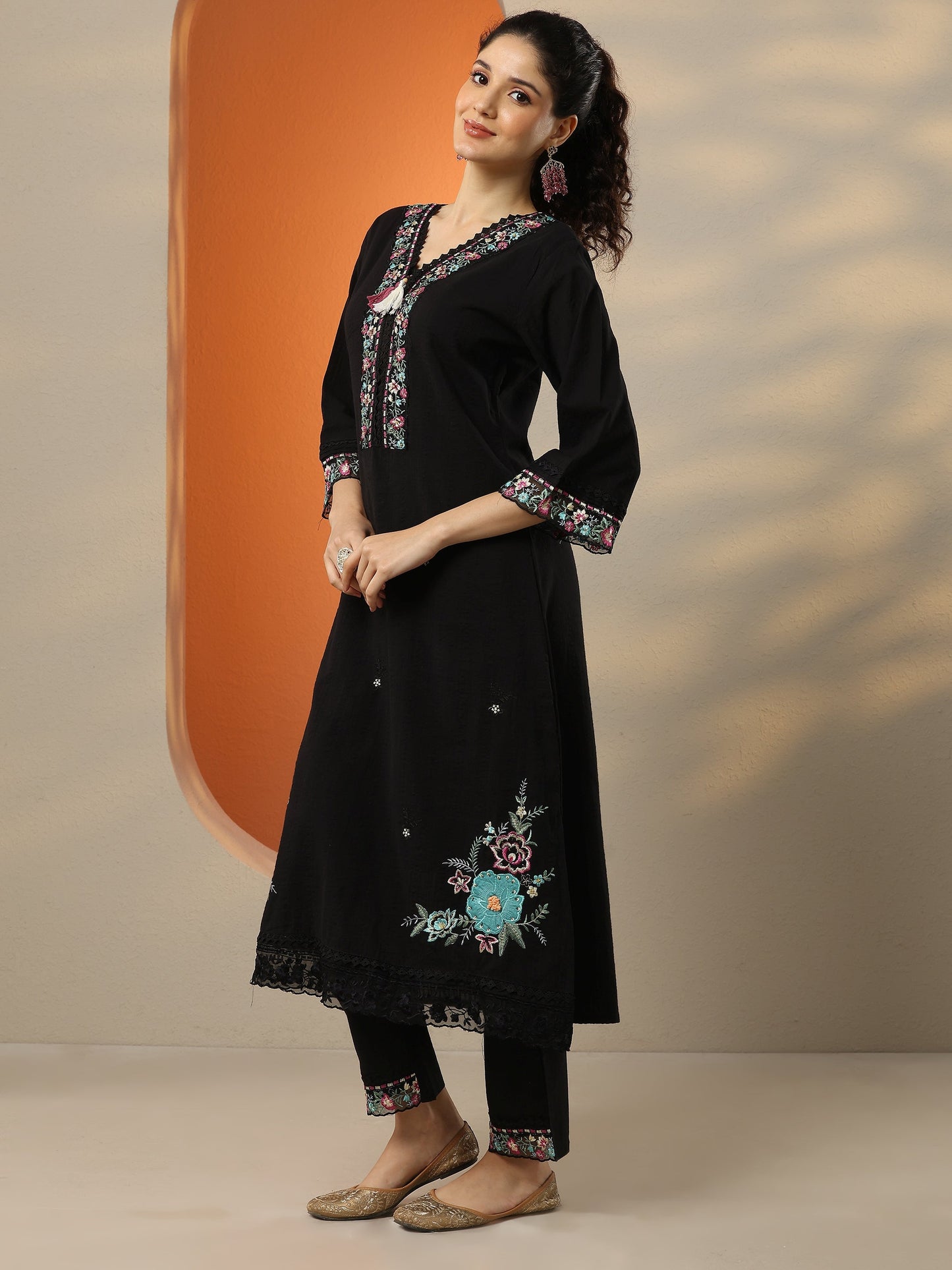 Black Embroidered Cotton Straight Suit Set With Dupatta