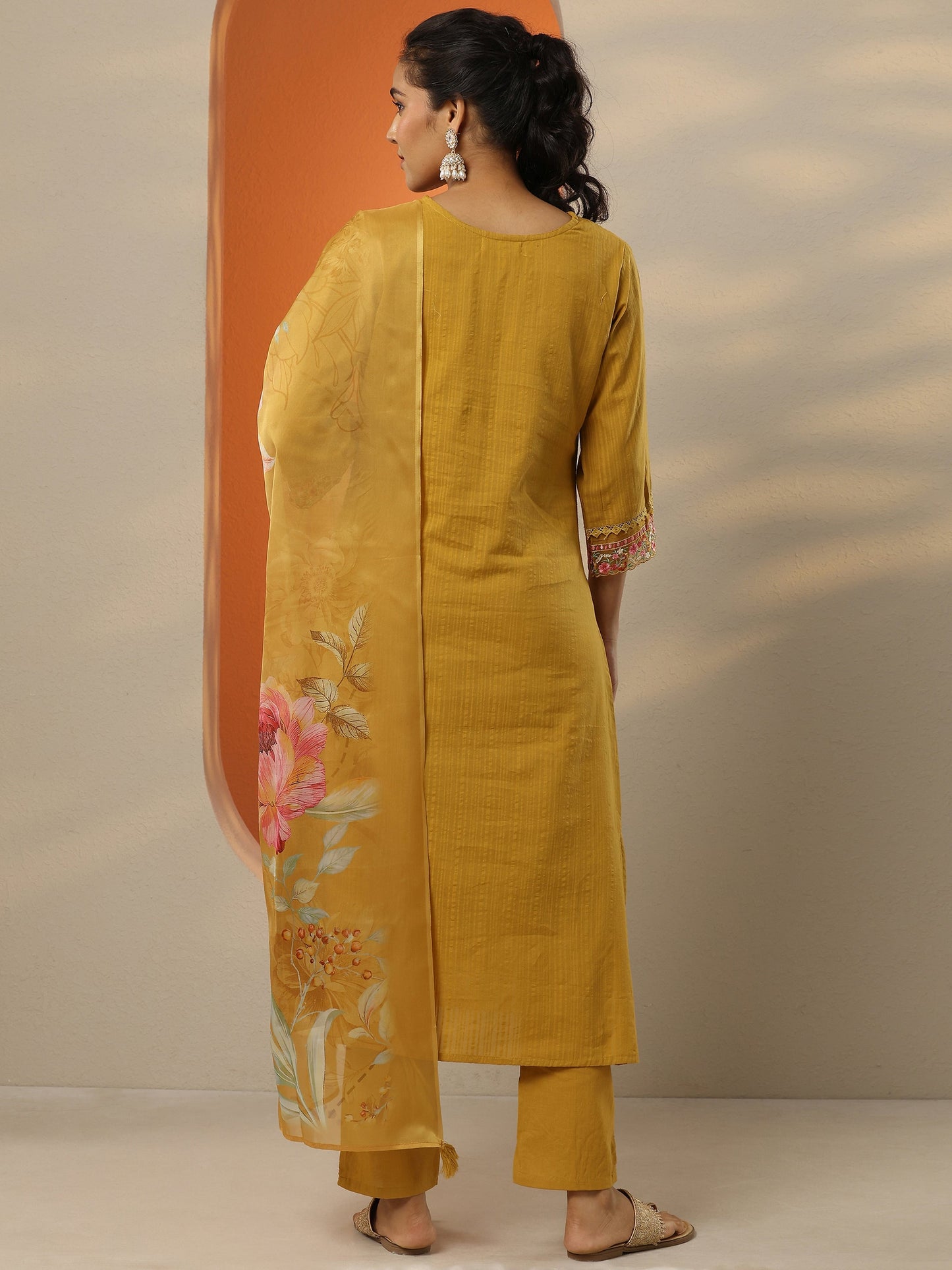Mustard Embroidered Cotton Straight Suit Set With Dupatta