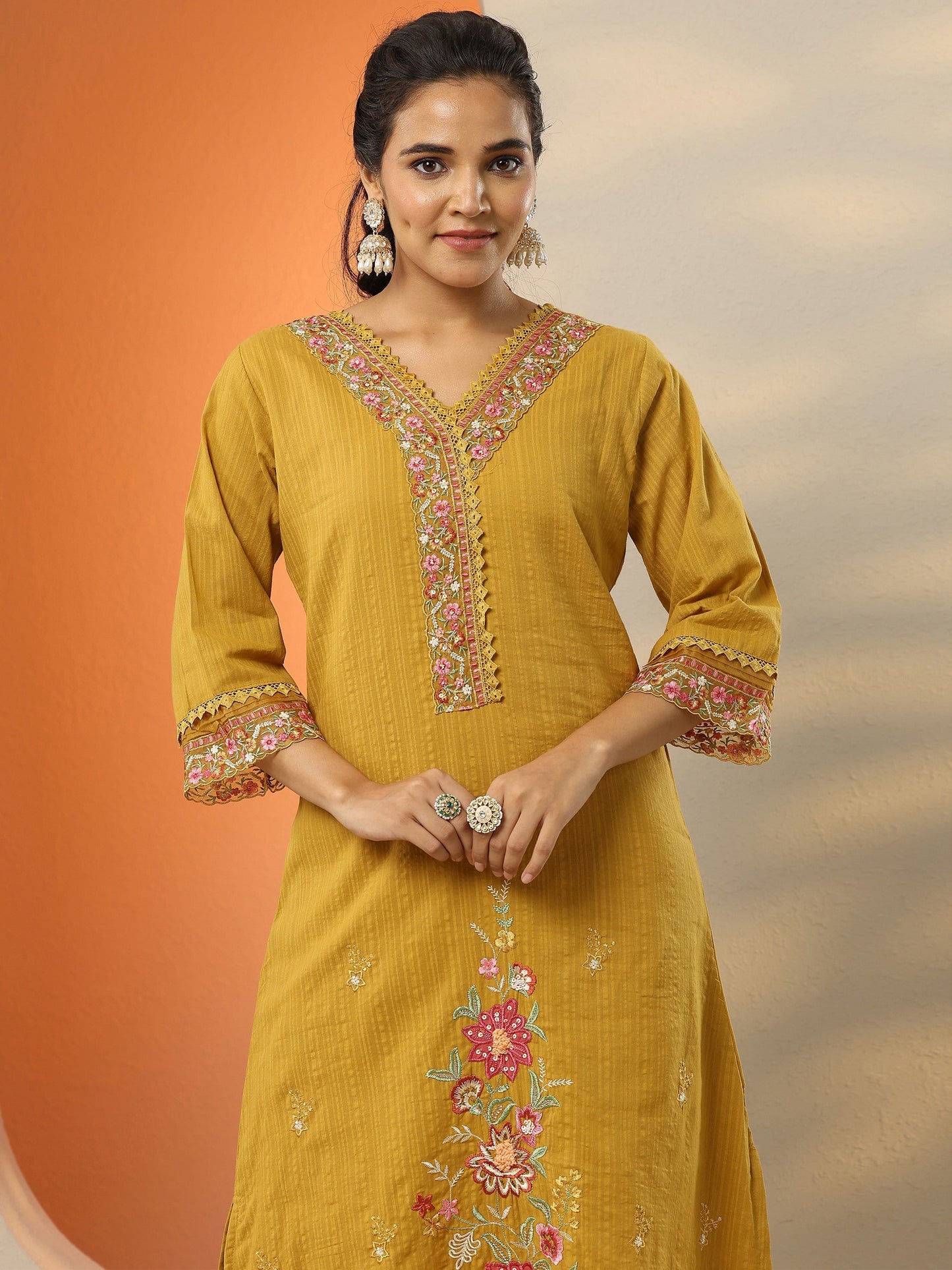 Mustard Embroidered Cotton Straight Suit Set With Dupatta