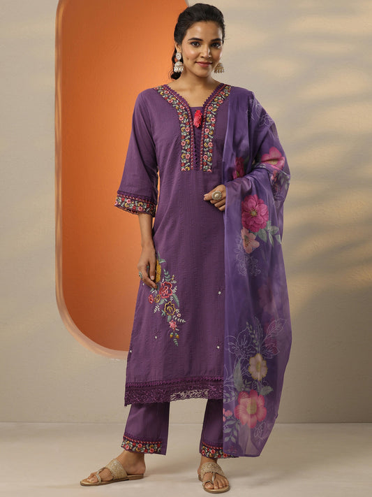Purple Embroidered Cotton Straight Suit Set With Dupatta