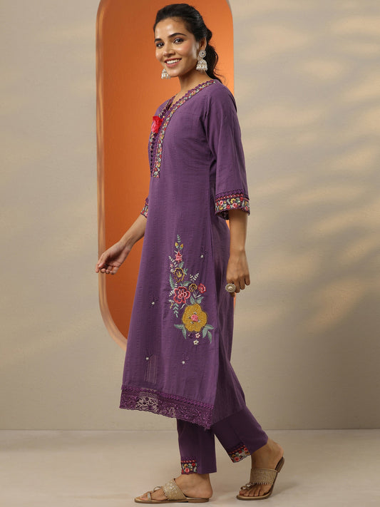 Purple Embroidered Cotton Straight Suit Set With Dupatta