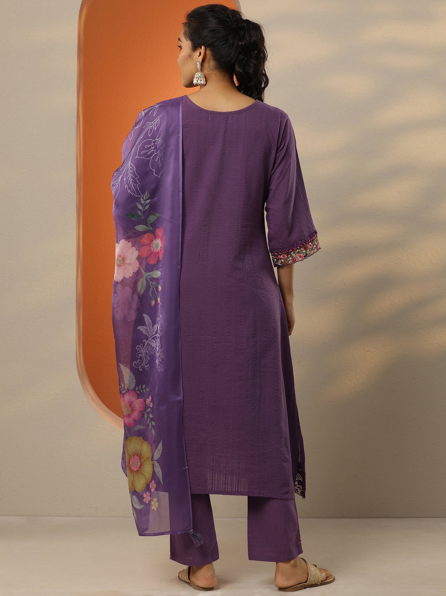 Purple Embroidered Cotton Straight Suit Set With Dupatta