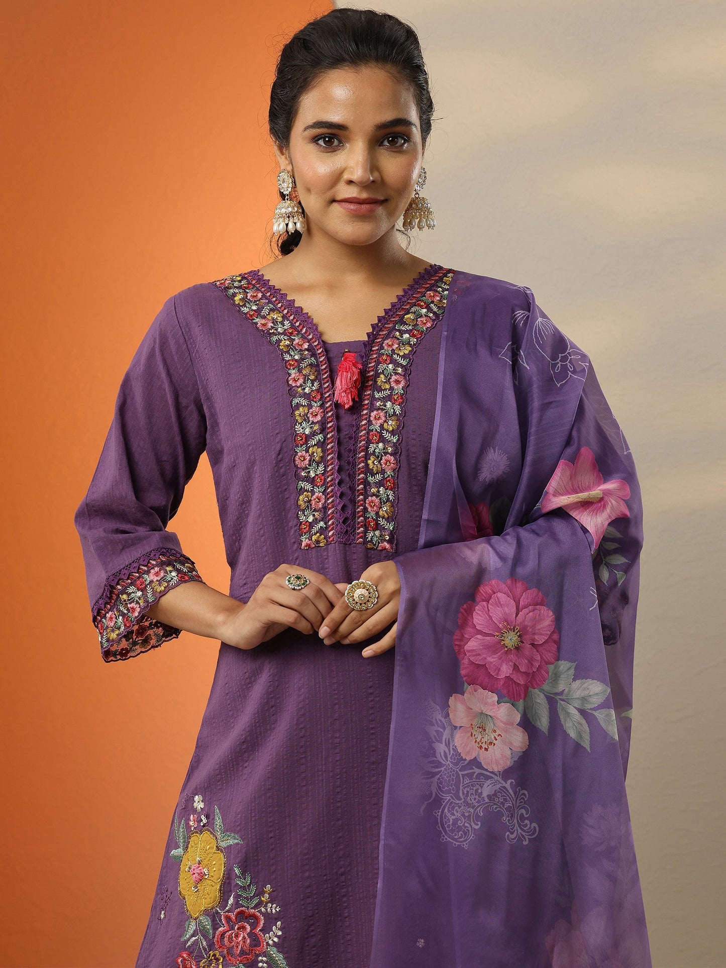 Purple Embroidered Cotton Straight Suit Set With Dupatta
