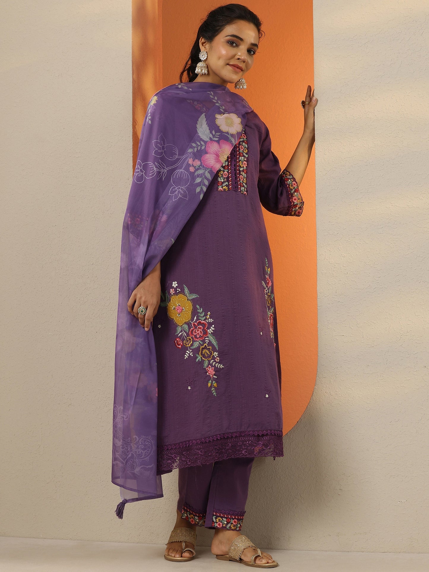Purple Embroidered Cotton Straight Suit Set With Dupatta