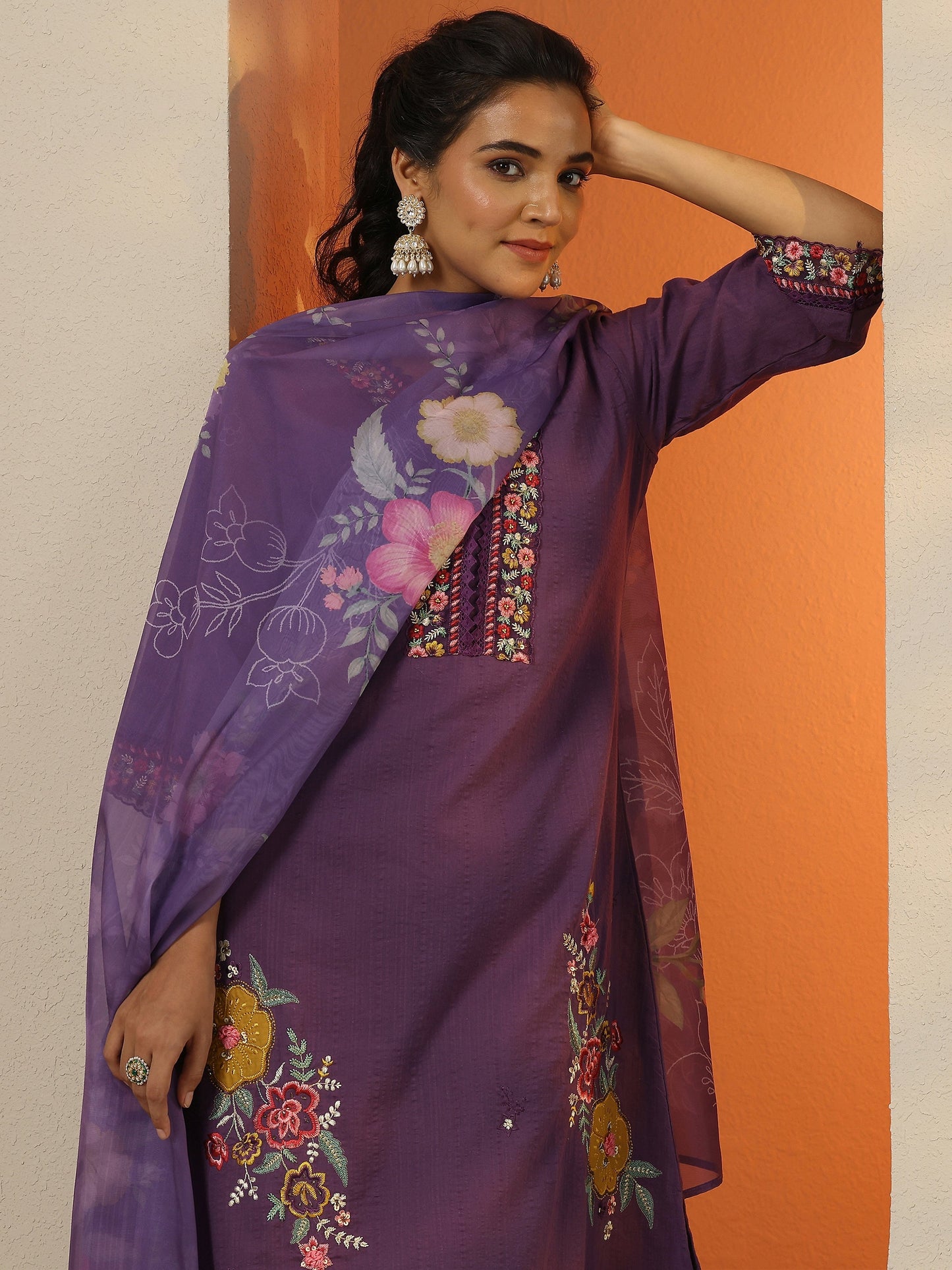 Purple Embroidered Cotton Straight Suit Set With Dupatta