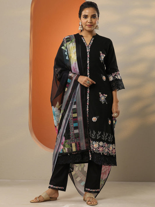 Black Embroidered Cotton Straight Suit Set With Dupatta