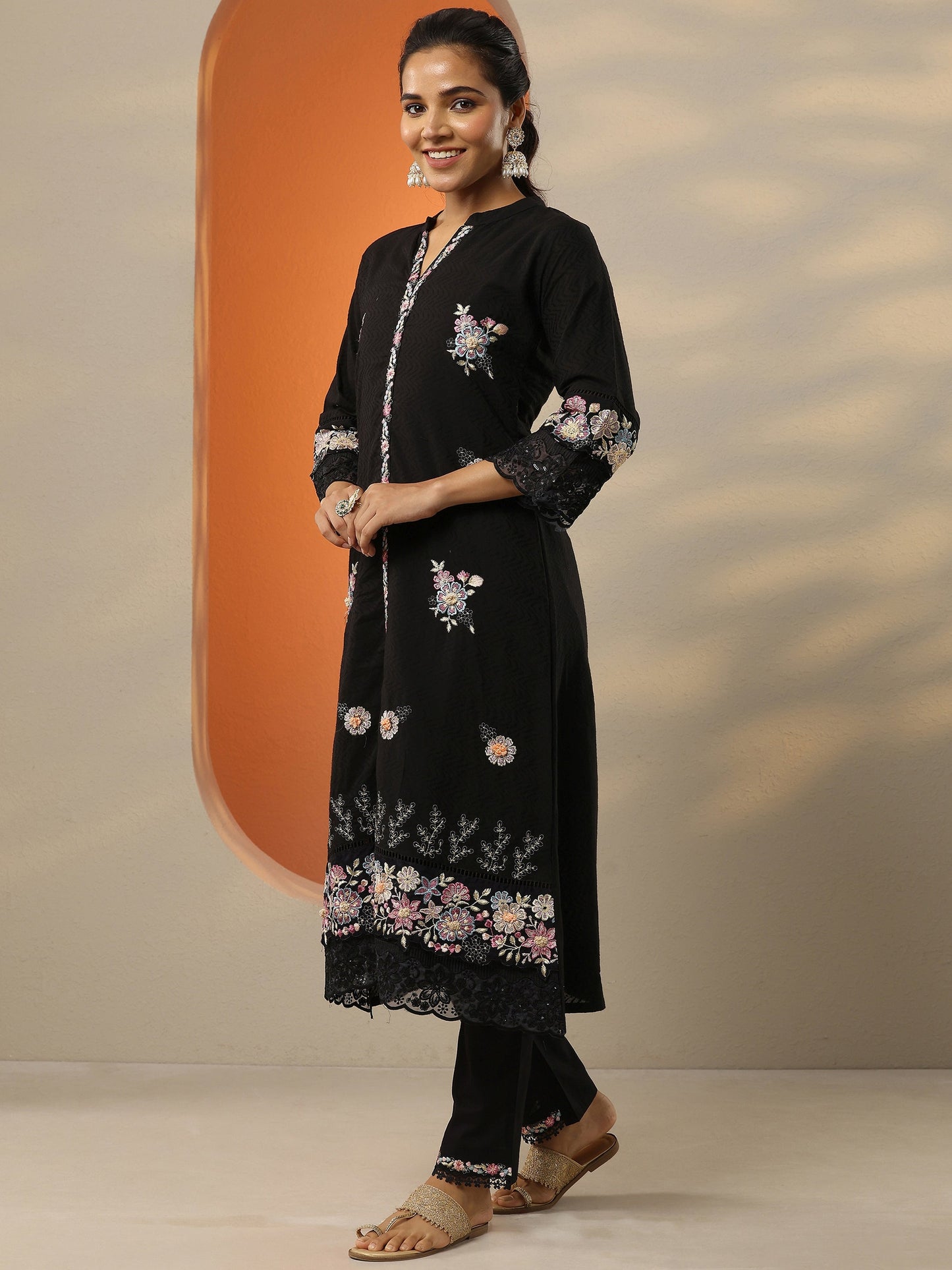 Black Embroidered Cotton Straight Suit Set With Dupatta