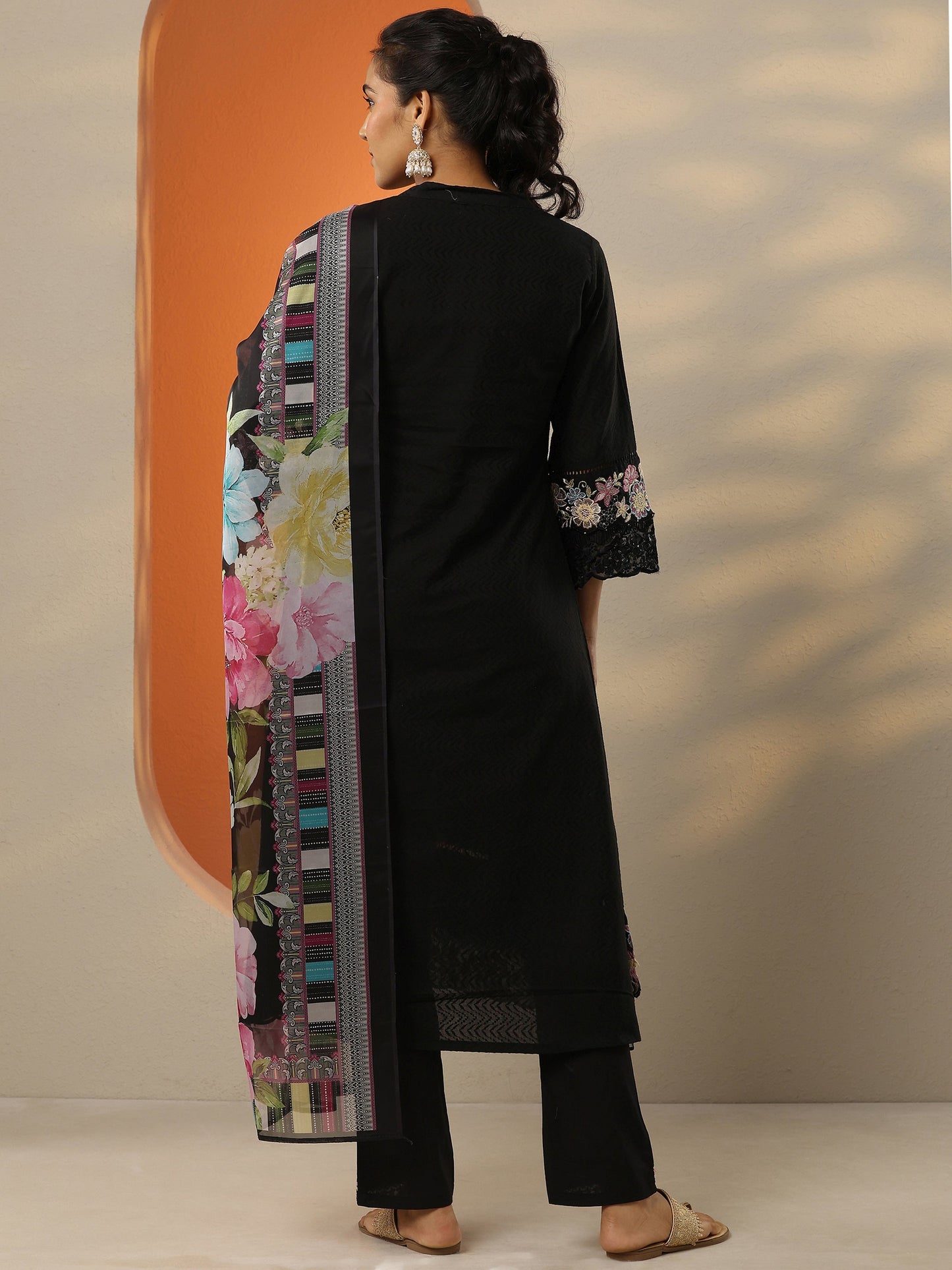 Black Embroidered Cotton Straight Suit Set With Dupatta