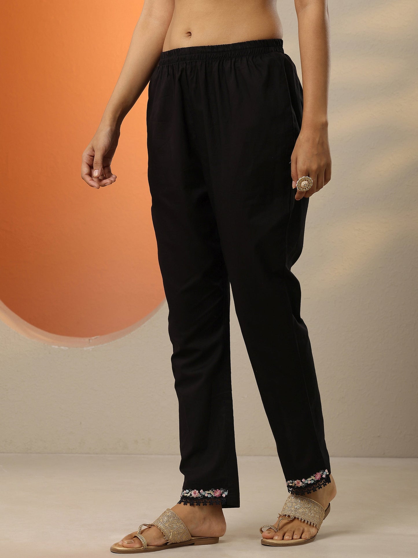 Black Embroidered Cotton Straight Suit Set With Dupatta