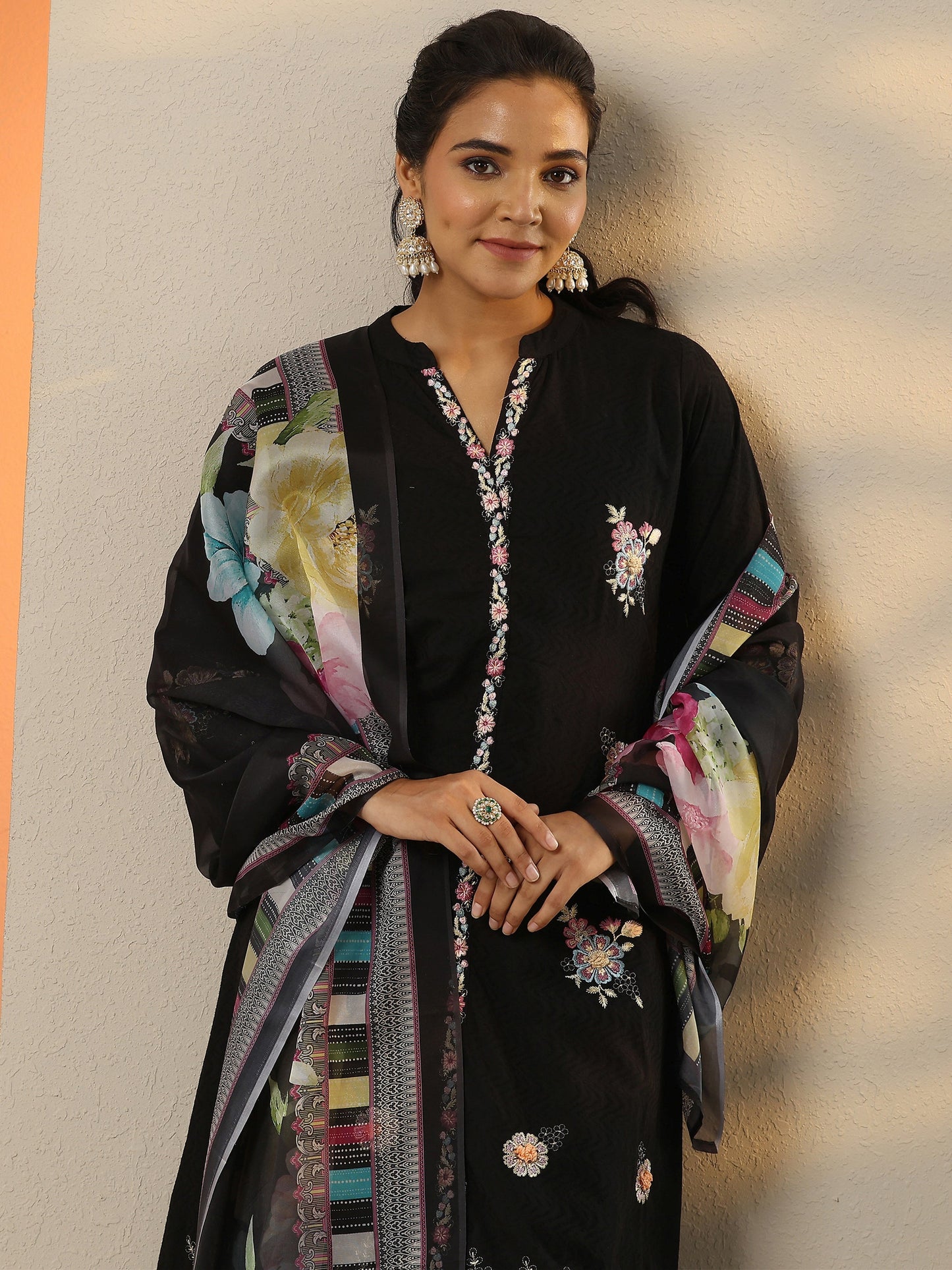 Black Embroidered Cotton Straight Suit Set With Dupatta