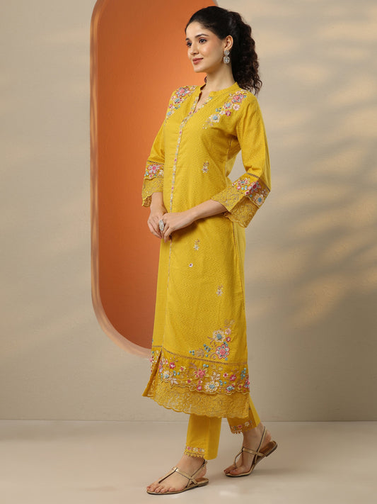 Yellow Embroidered Cotton Straight Suit Set With Dupatta