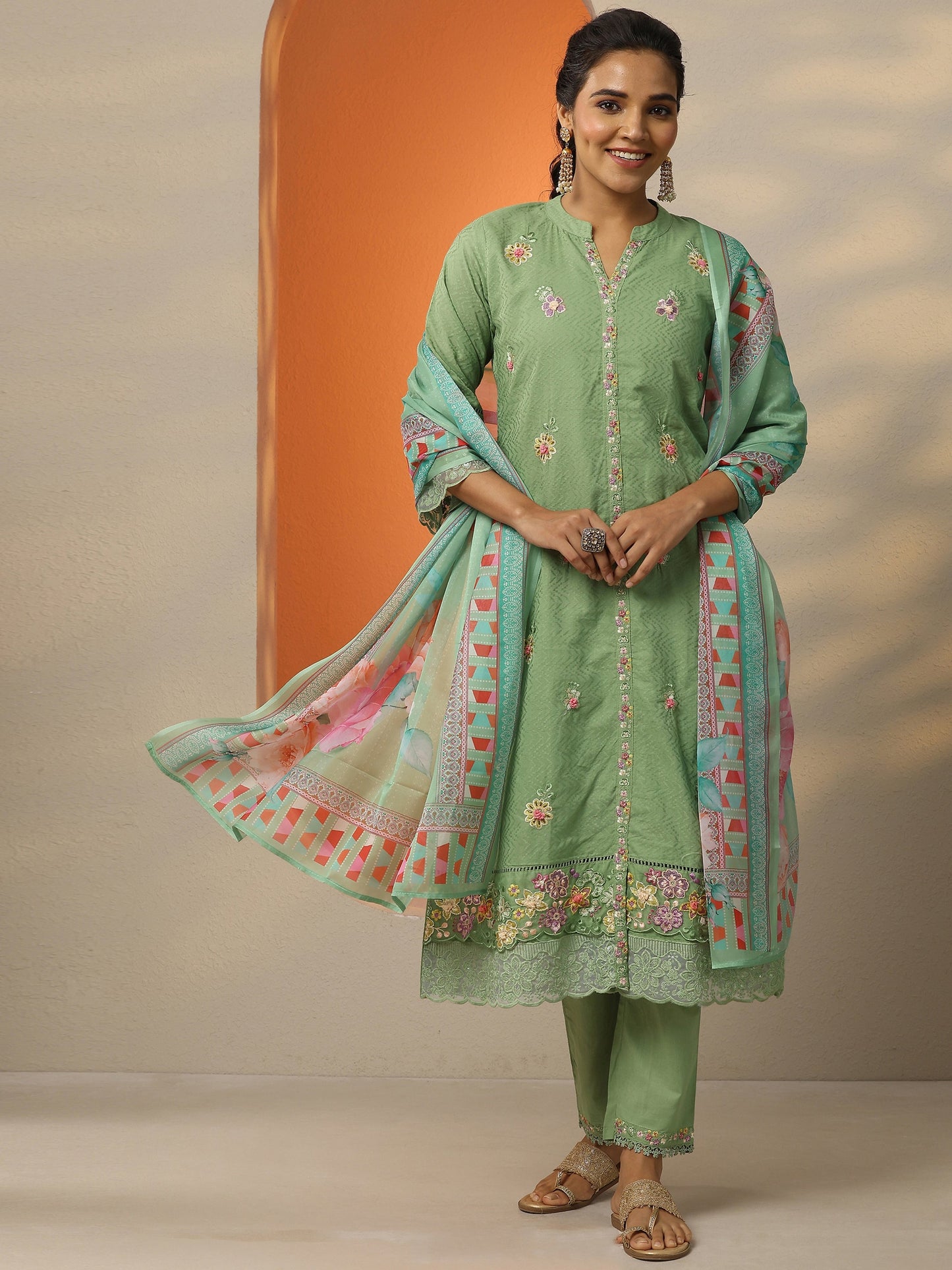 Green Embroidered Cotton Straight Suit Set With Dupatta
