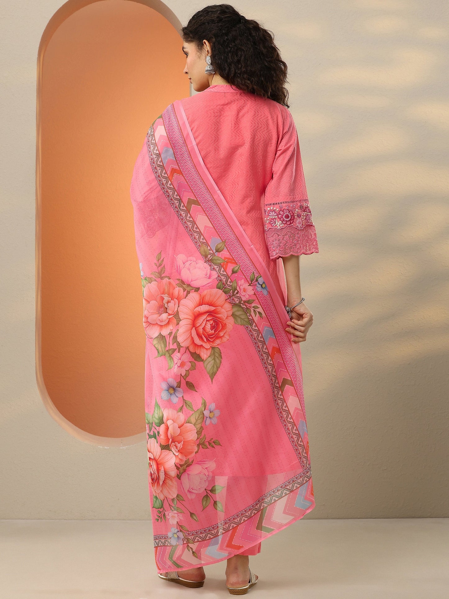 Coral Embroidered Cotton Blend  A-Line Suit Set With Dupatta