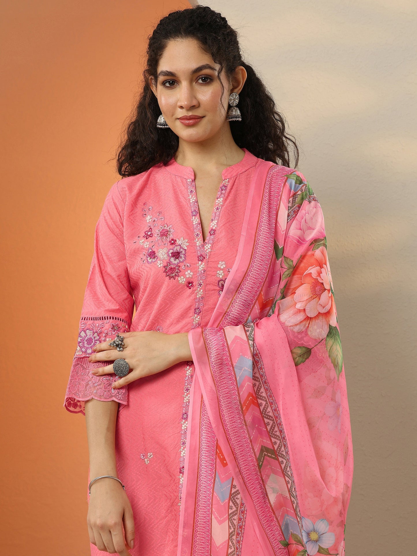 Coral Embroidered Cotton Blend  A-Line Suit Set With Dupatta