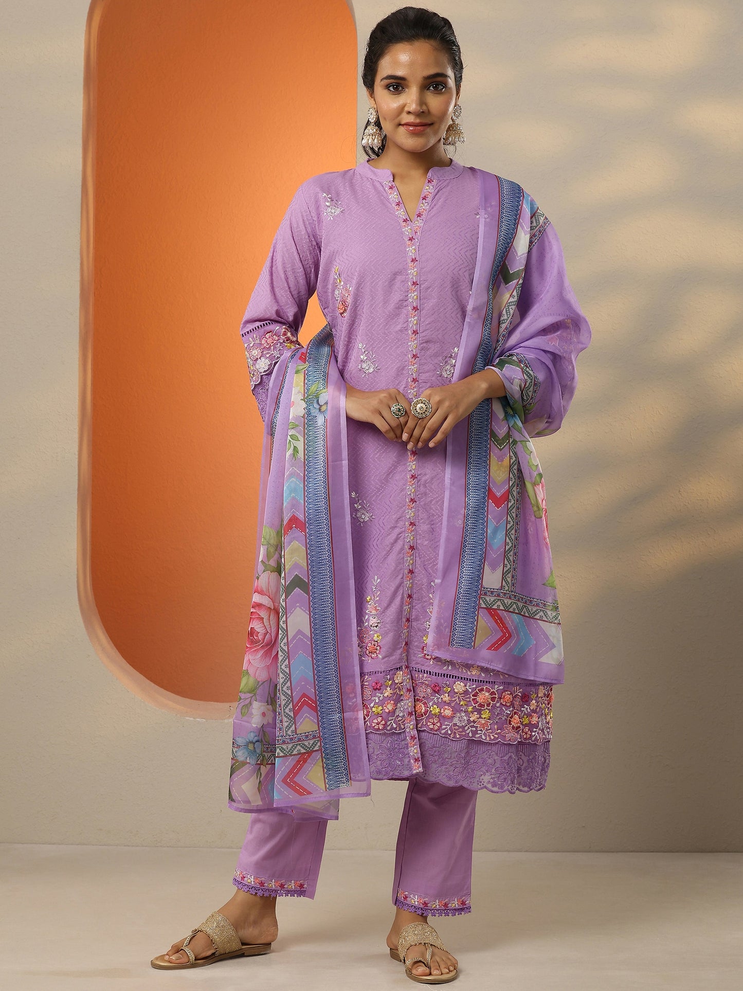 Lavender Embroidered Cotton Straight Suit Set With Dupatta