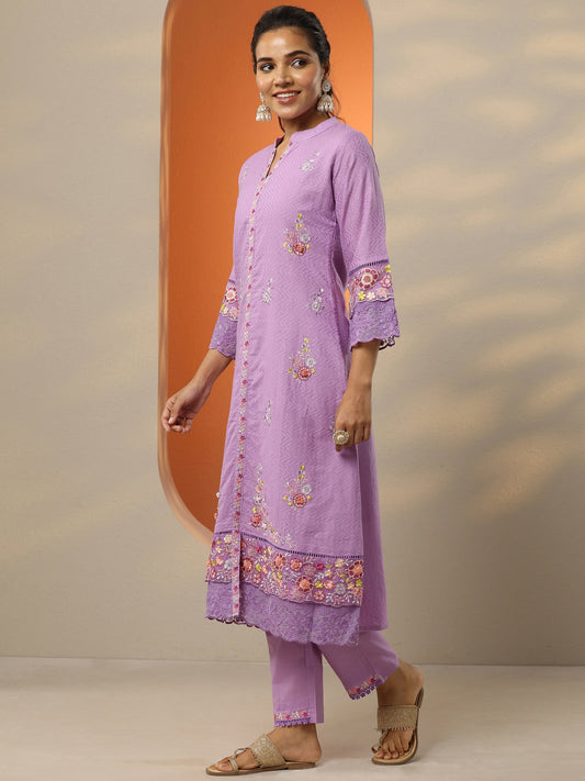 Lavender Embroidered Cotton Straight Suit Set With Dupatta