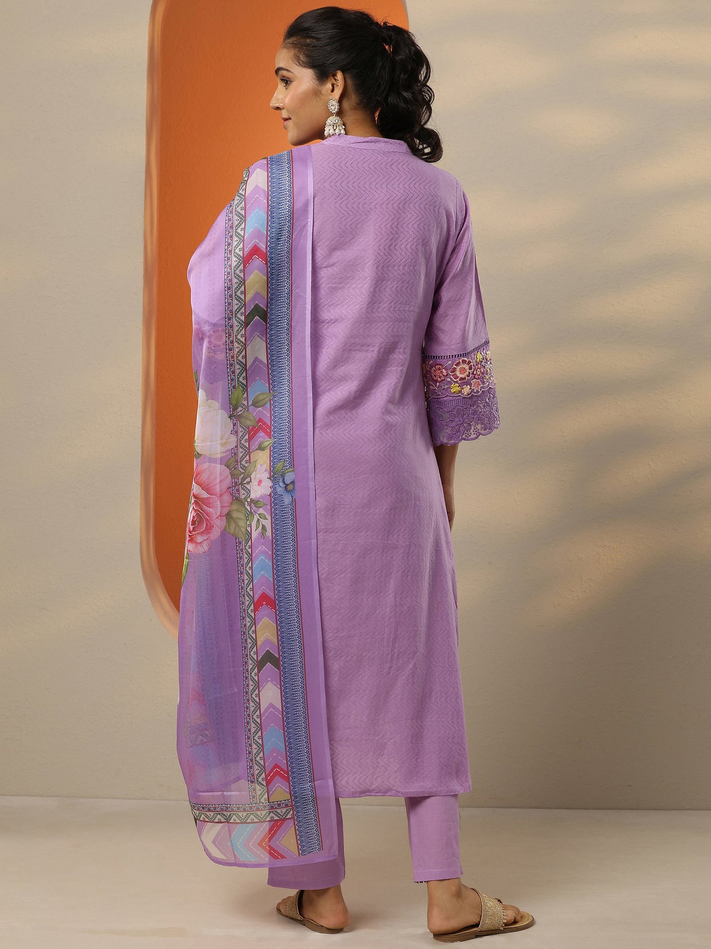 Lavender Embroidered Cotton Straight Suit Set With Dupatta